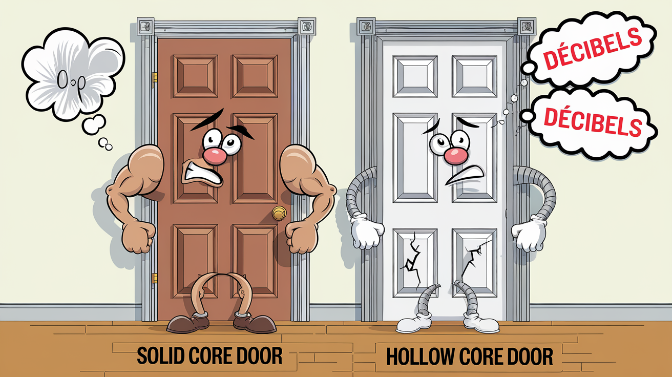 Comparatif humoristique d'une porte à âme pleine et d'une porte à âme creuse, bulle de bruit qui s’en échappe.
