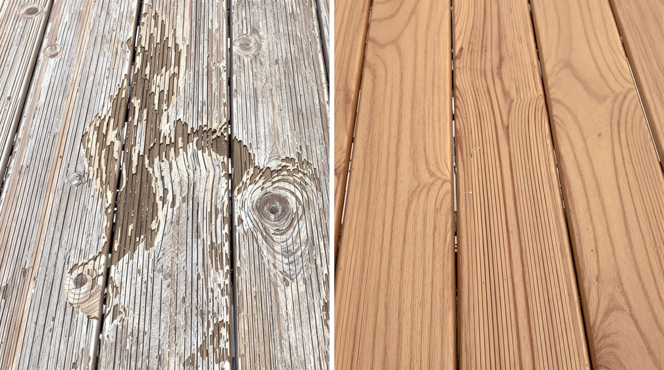Comparatif visuel terrasse bois après Karcher (fibres relevées, teinte délavée) vs après balai-brosse (surface saine)