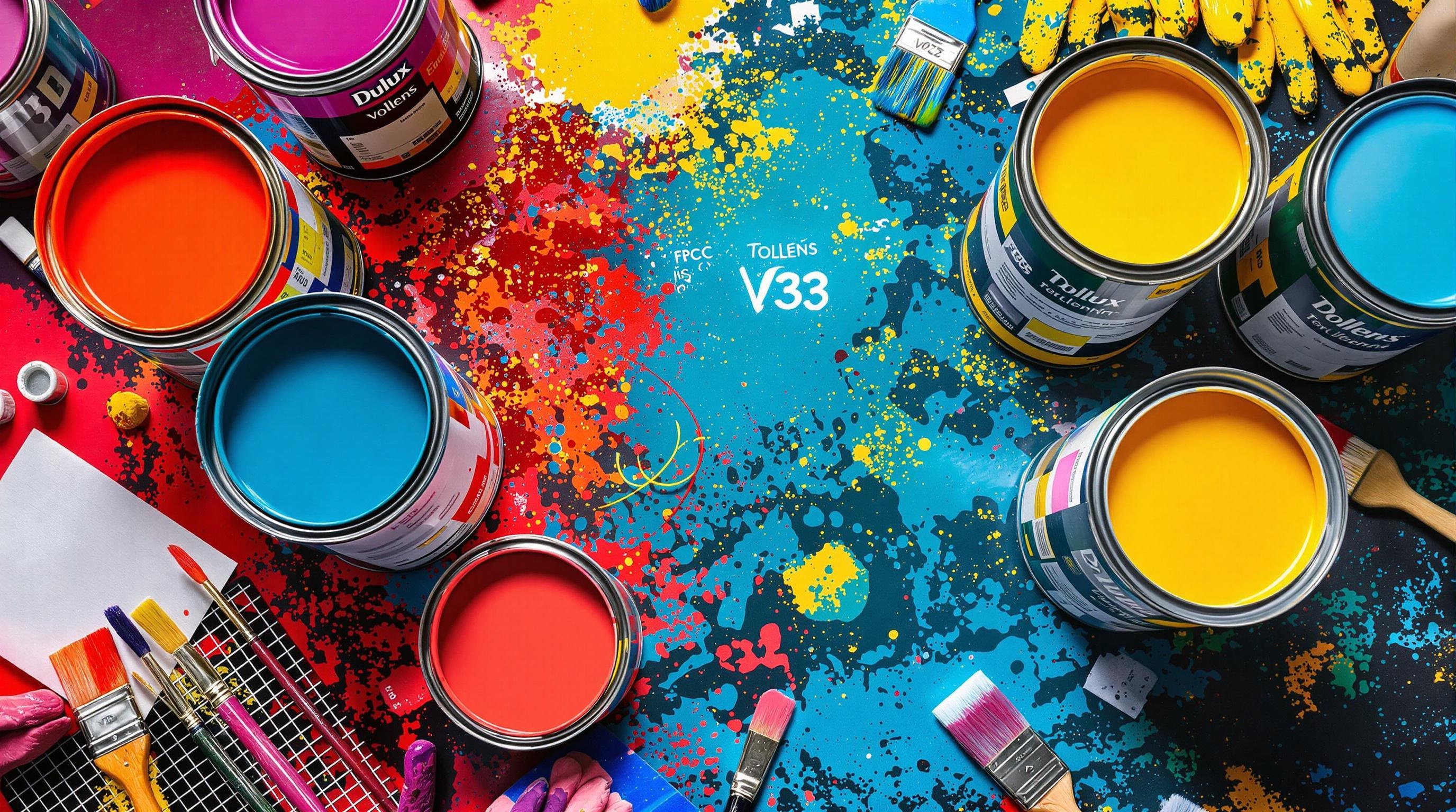 Comparatif entre Dulux Valentine, Tollens, V33 et Sikkens avec des pots de peinture ouverts