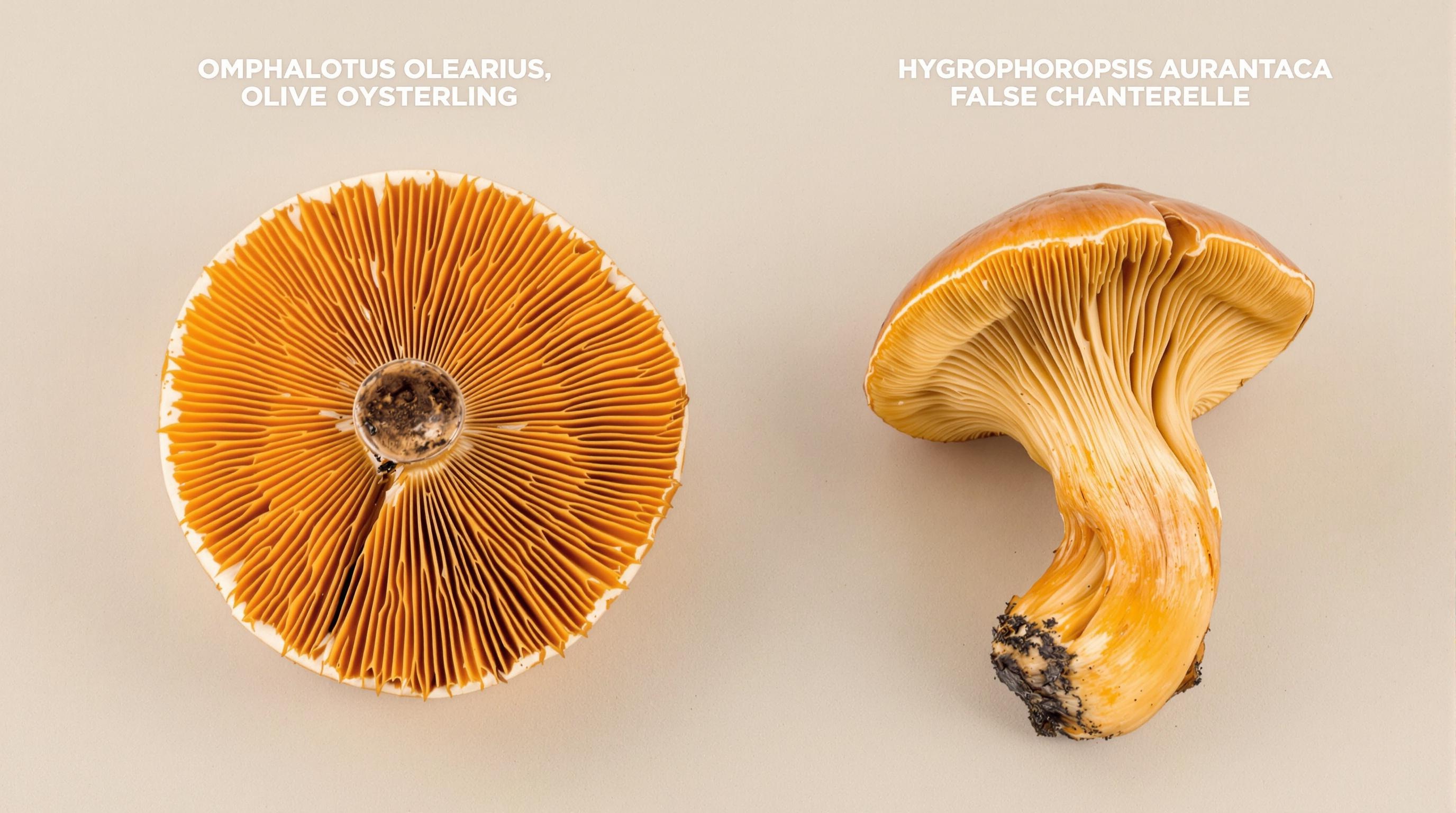 Comparaison entre le Pleurote de l'olivier (à gauche) et la Fausse girolle (à droite).