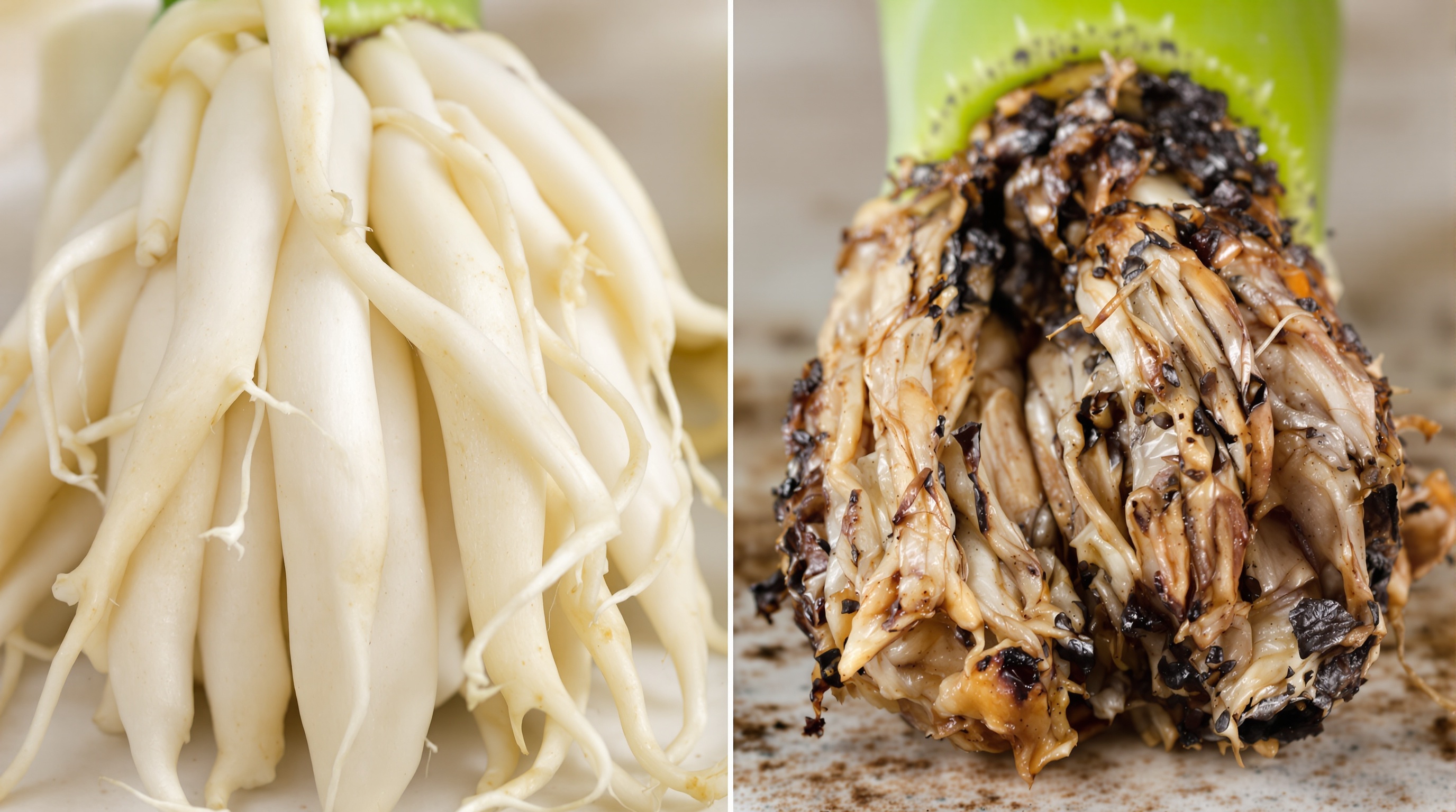 Comparatif racines saines vs racines pourries Aloe vera