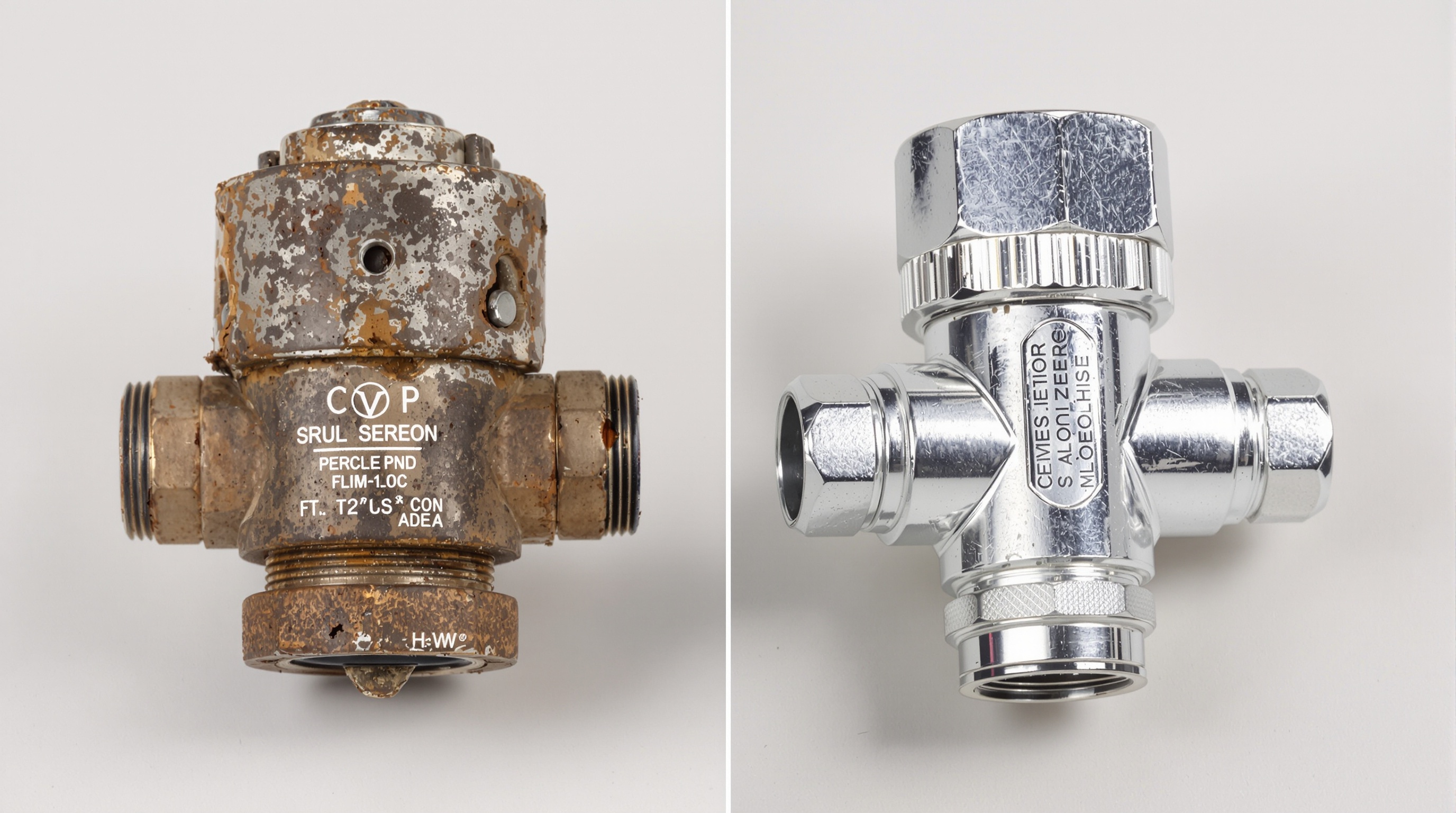Photo d'un vieux réducteur de pression d'eau présentant des signes d'usure, de corrosion et éventuellement des traces de fuite. À côté, un nouveau réducteur de pression pour comparaison.