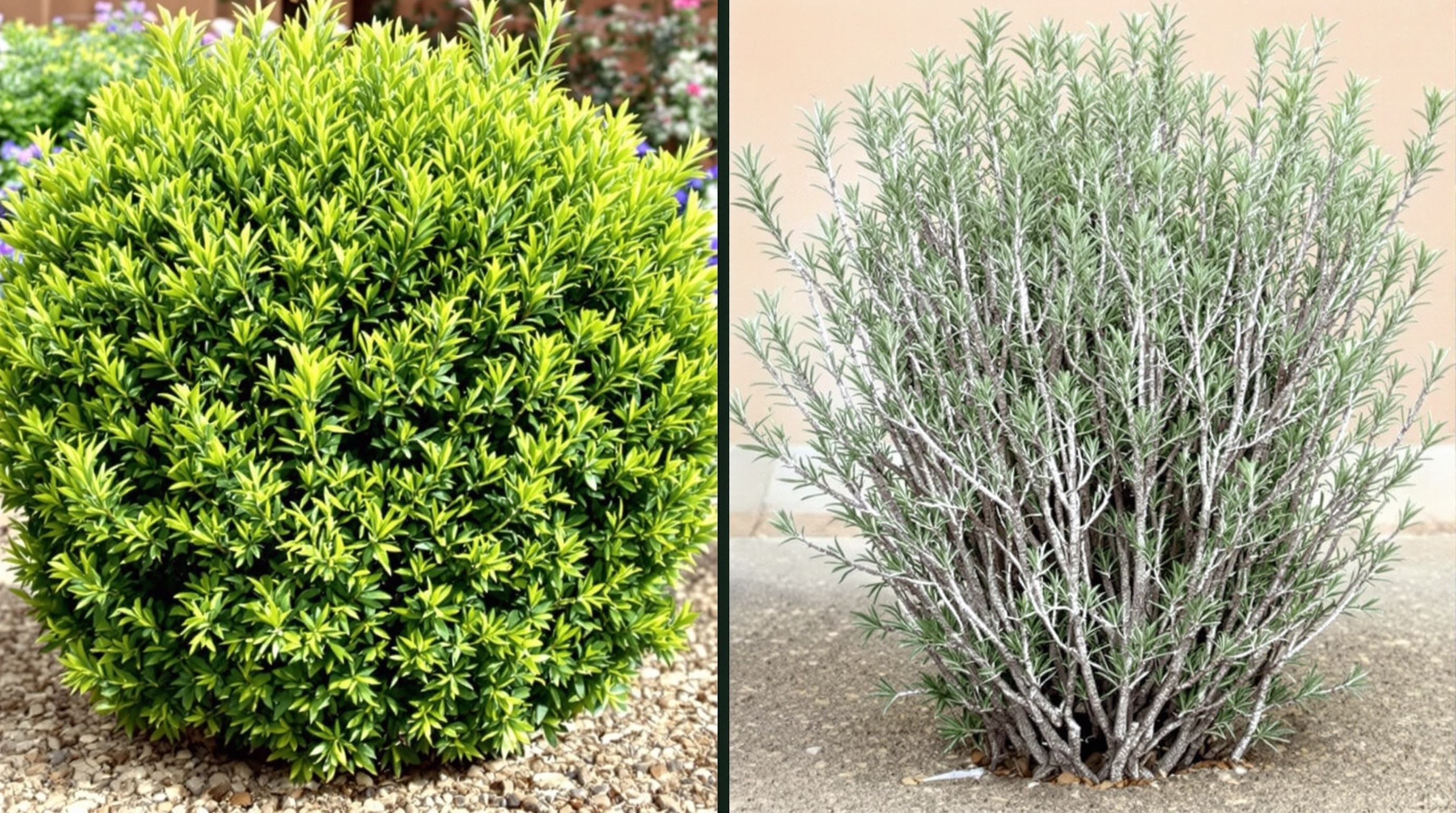 Comparaison entre un romarin bien taillé et un vieux romarin lignifié et déplumé