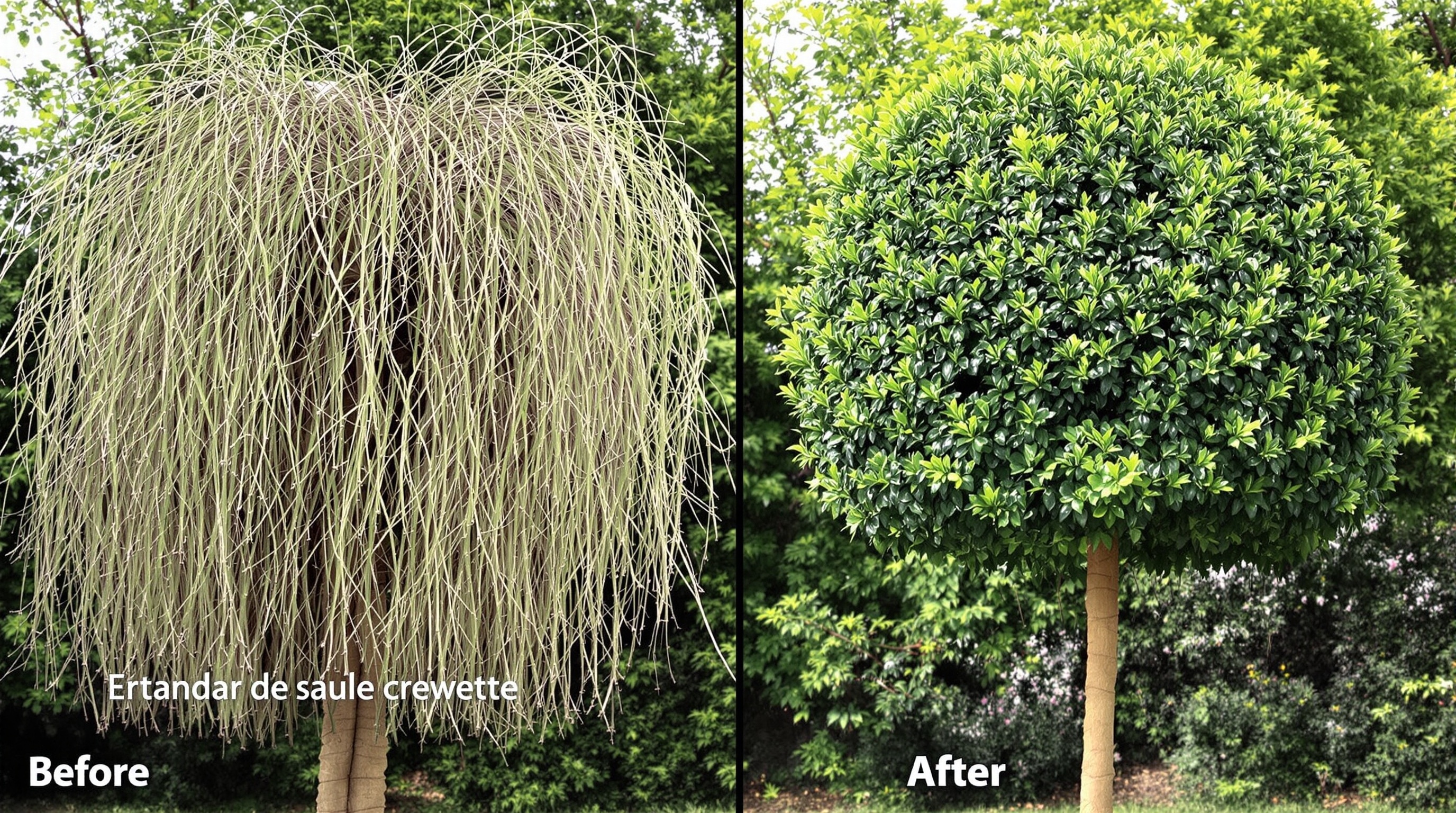 Comparaison avant/après taille sévère sur un saule crevette sur tige
