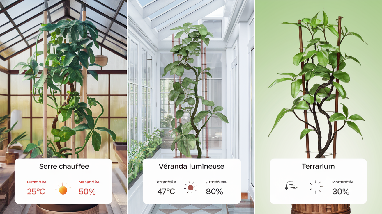 Comparatif serre chauffée, véranda lumineuse et terrarium pour vanille : température et humidité affichées.