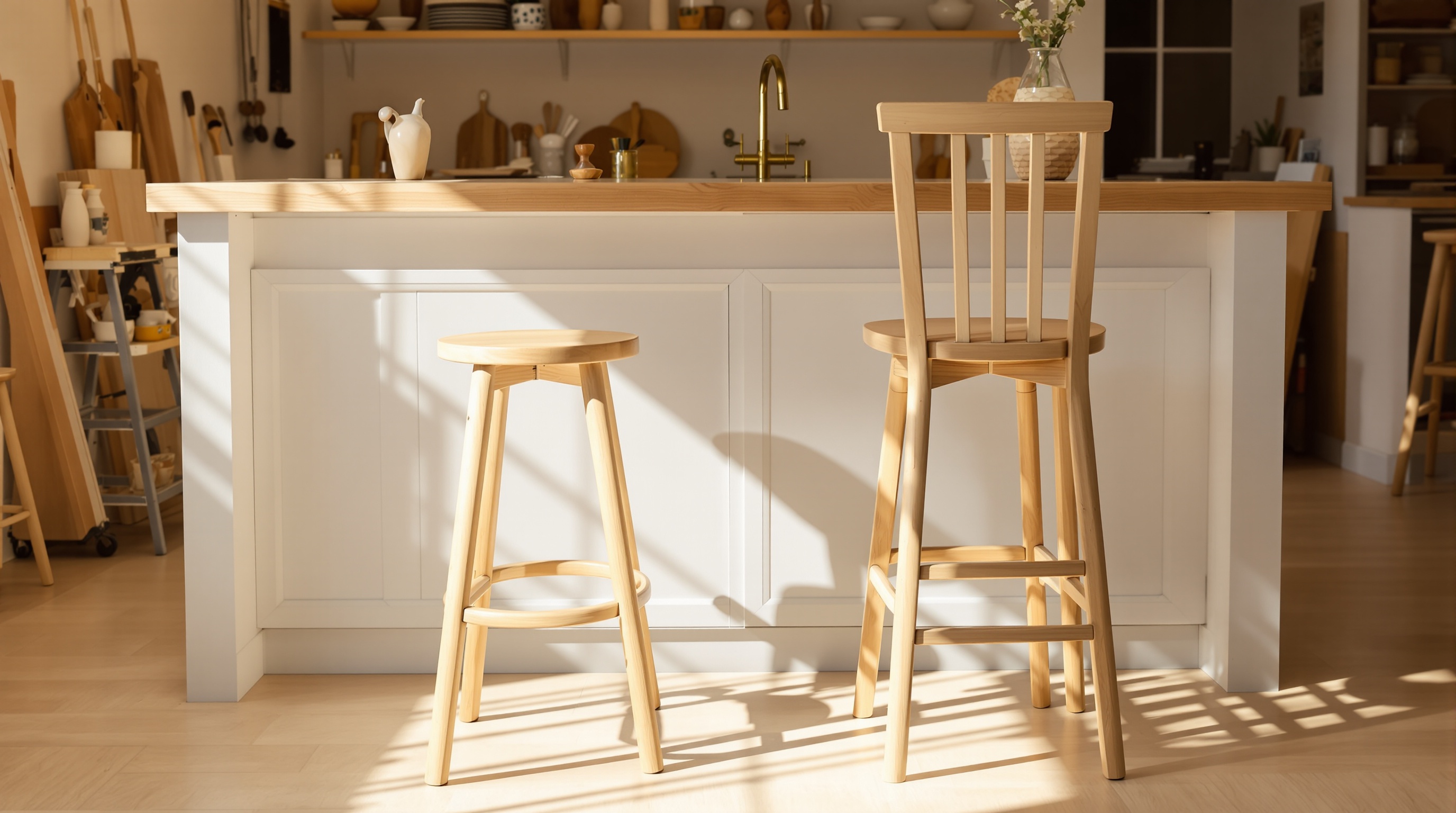 Comparaison entre tabouret classique (80 cm) et chaise haute avec dossier devant un bar de cuisine à 110 cm.