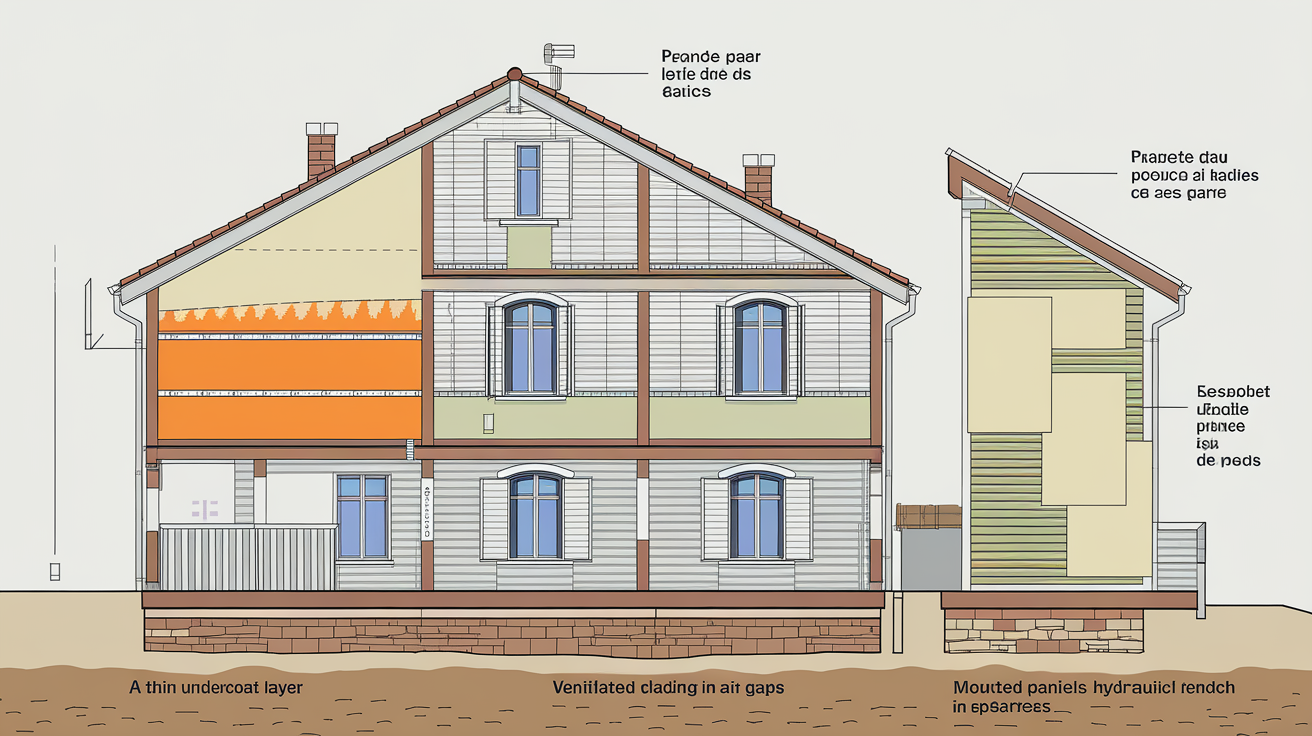 Schéma comparatif des techniques ITE : sous enduit mince, bardage ventilé, panneaux rapportés avec enduit hydraulique