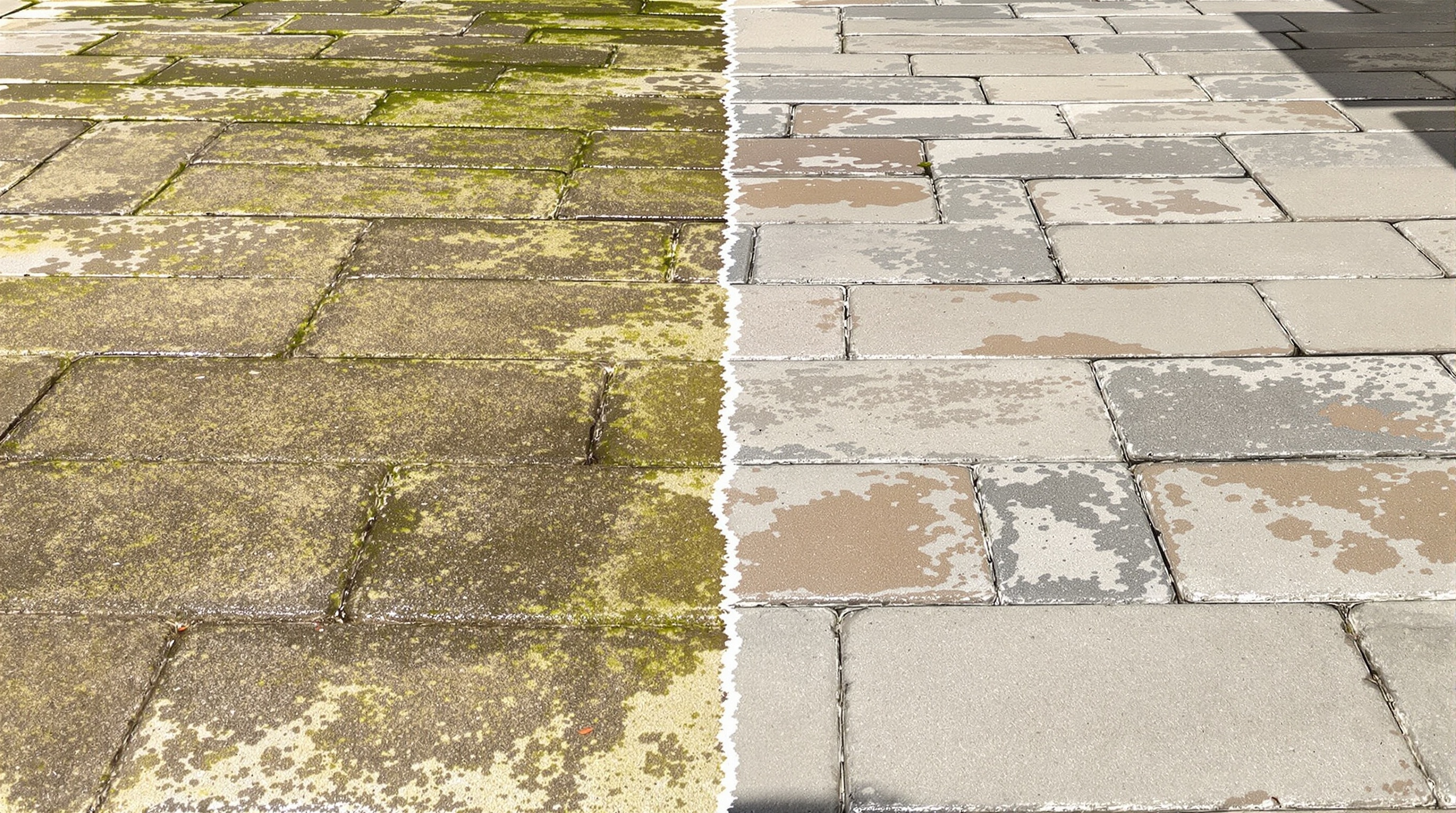Comparatif avant après nettoyage terrasse pierre naturelle savon noir bicarbonate