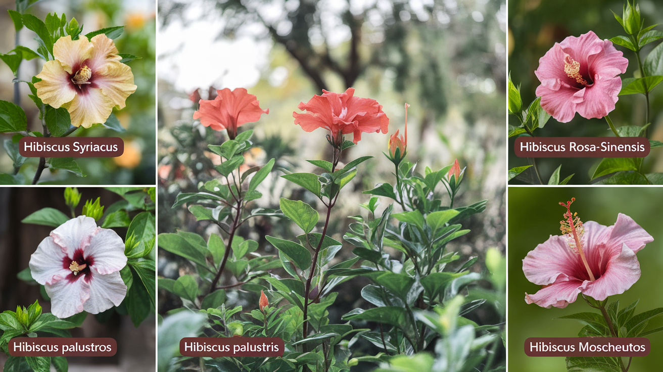 Comparatif visuel des fleurs d’Hibiscus syriacus, rosa-sinensis, palustris et moscheutos photographiées dans un jardin de Willemse France
