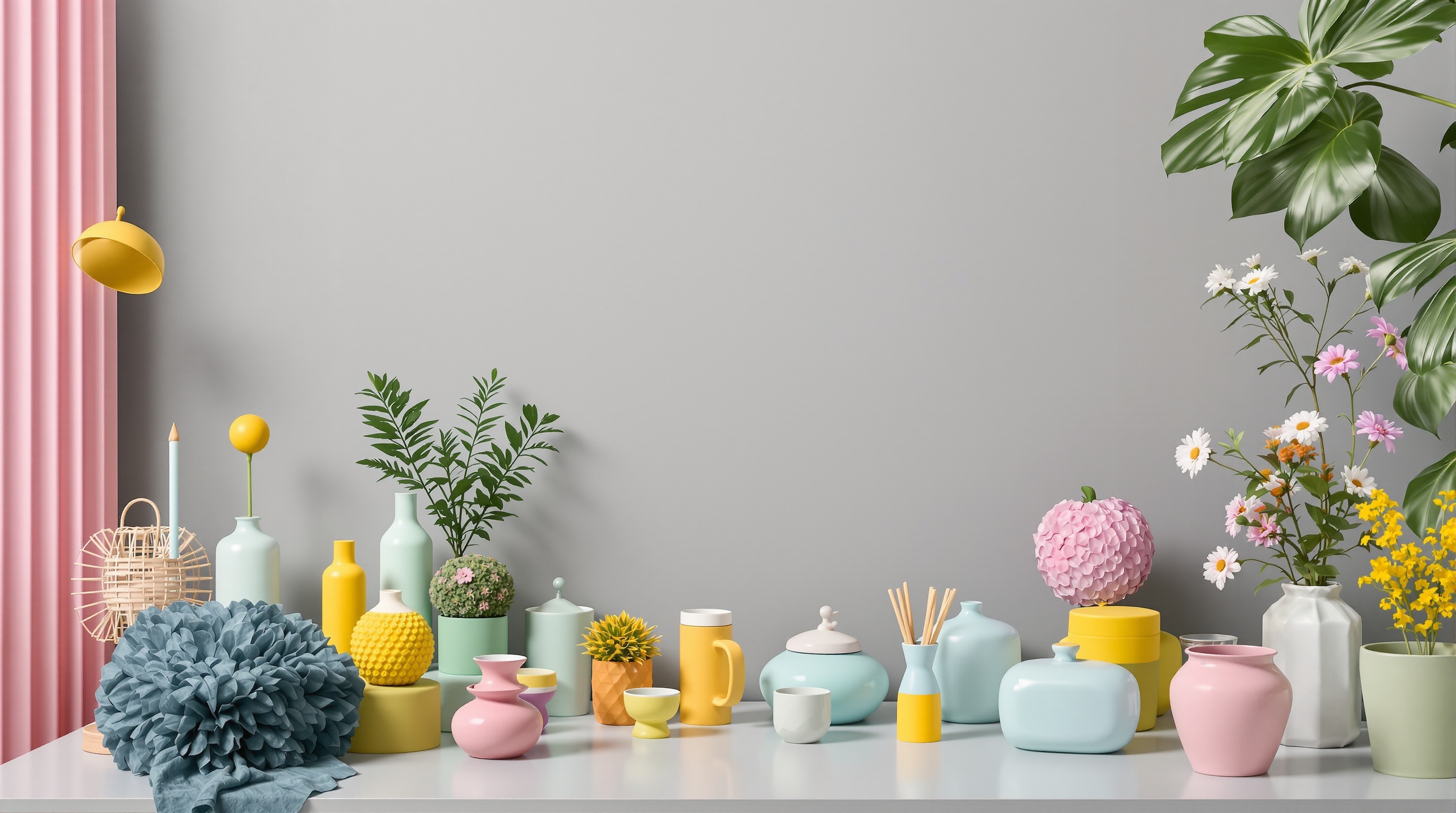 Le gris, toile moderne entourée d'accessoires colorés et fun