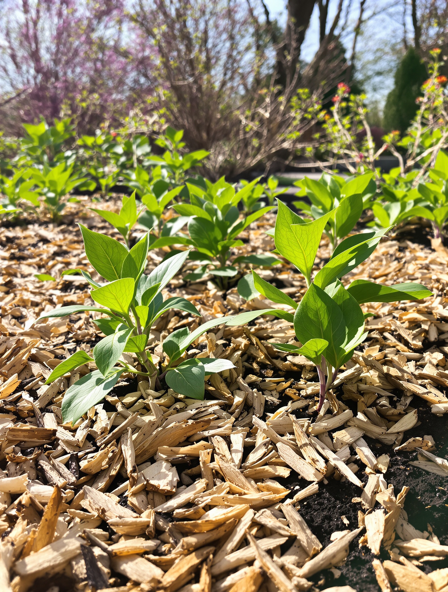 Copeaux issus du broyage utilisés comme paillage dans un potager