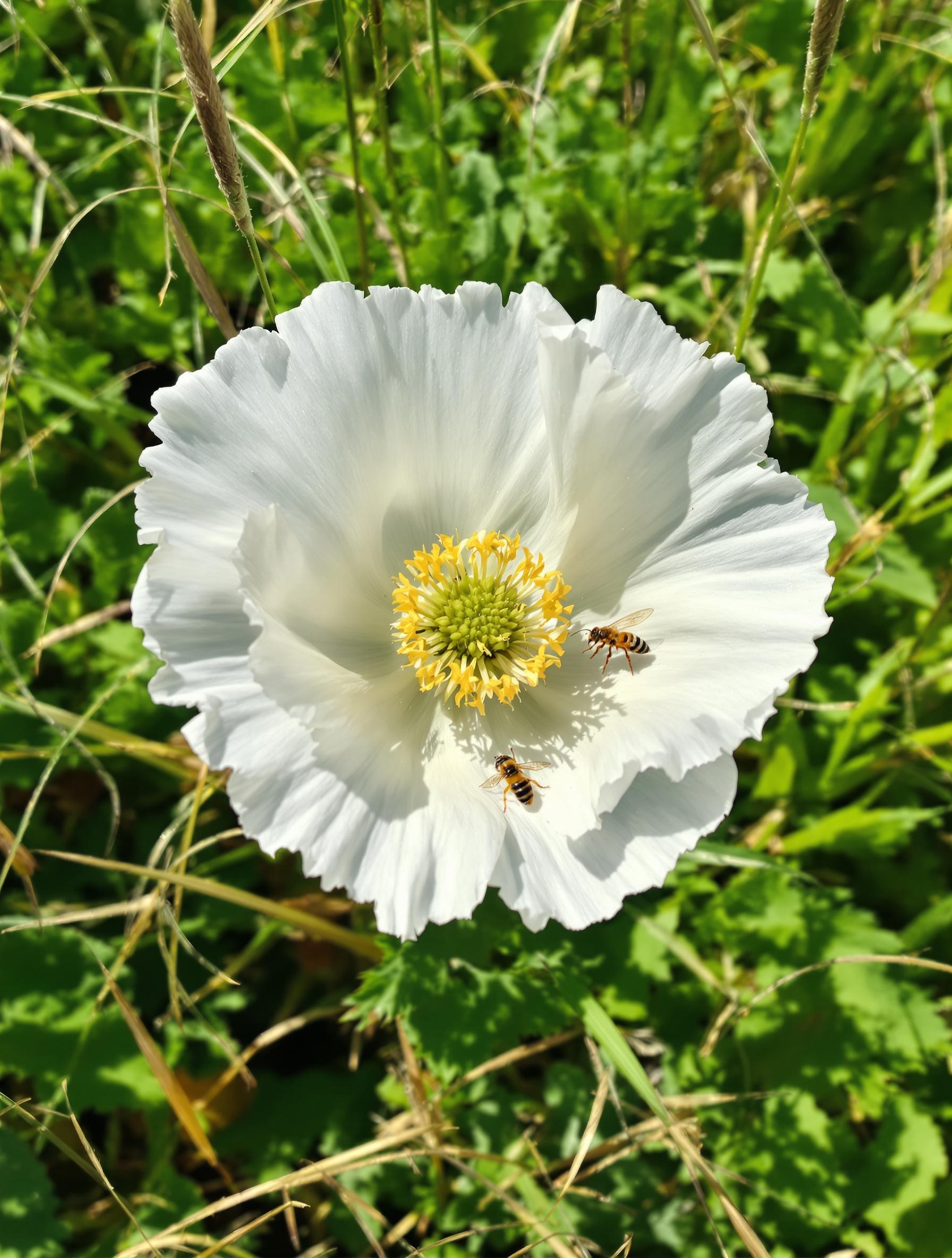 Coquelicot blanc (Papaver rhoeas var. alba) avec abeille et syrphe dans un potager sauvage