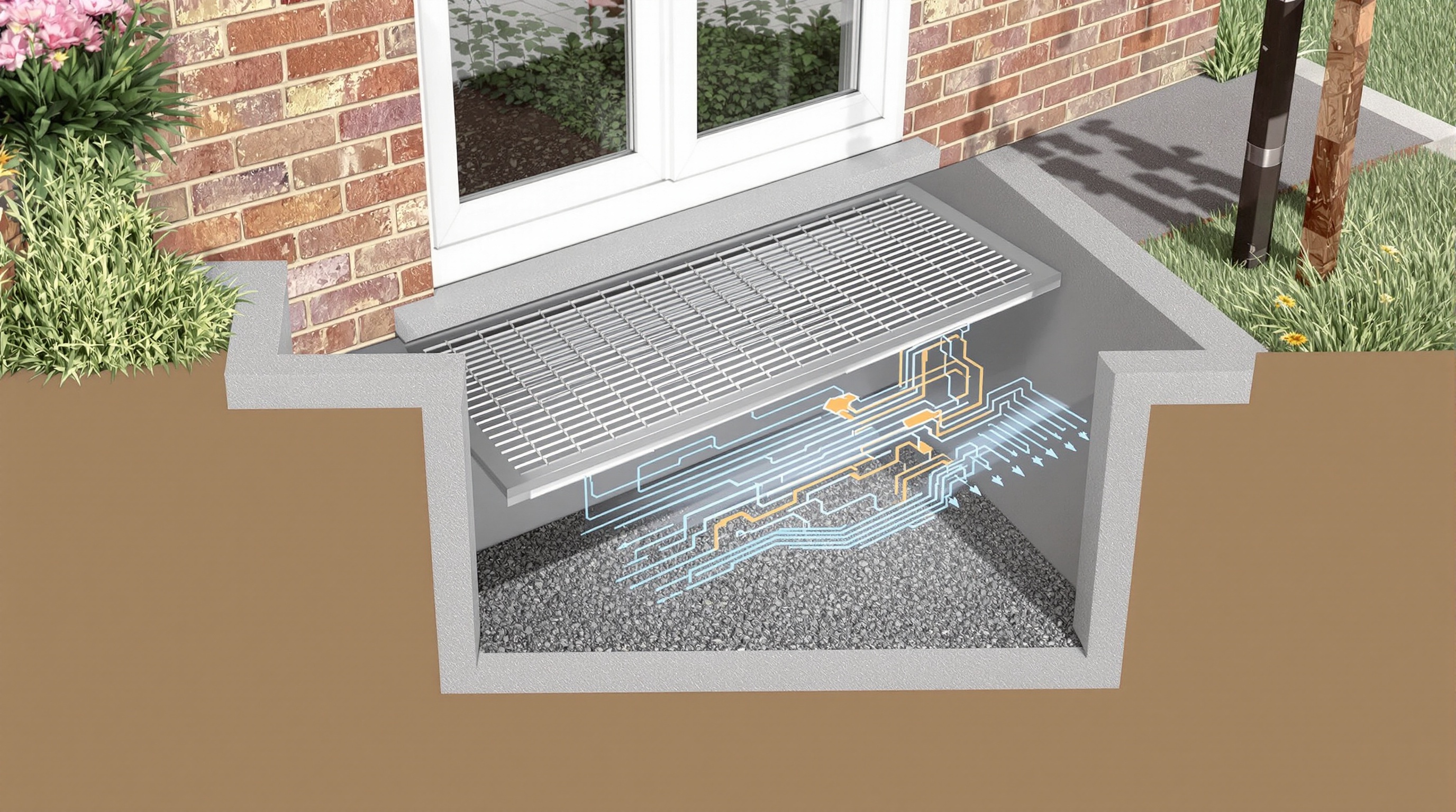 Vue en coupe d'une cour anglaise moderne ventilant un vide sanitaire