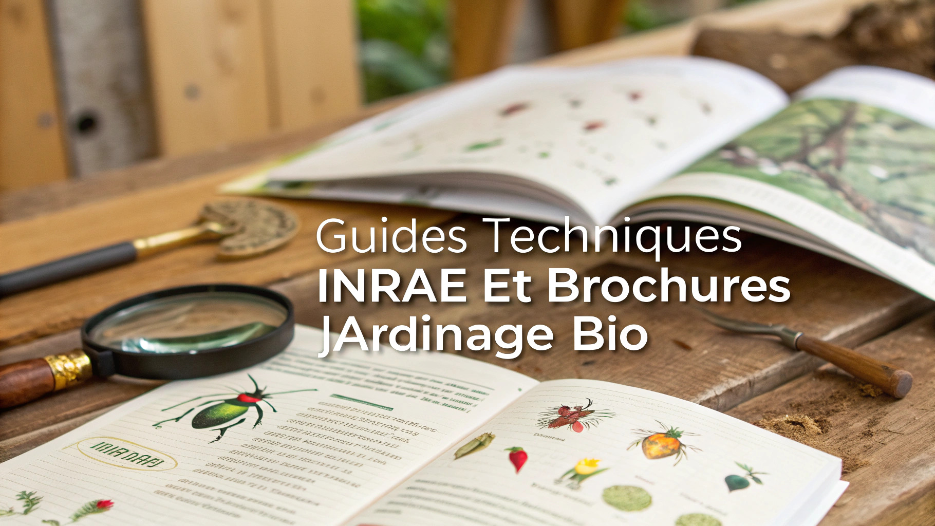 Guides techniques INRAE et brochures de jardinage bio sur un plan de travail.