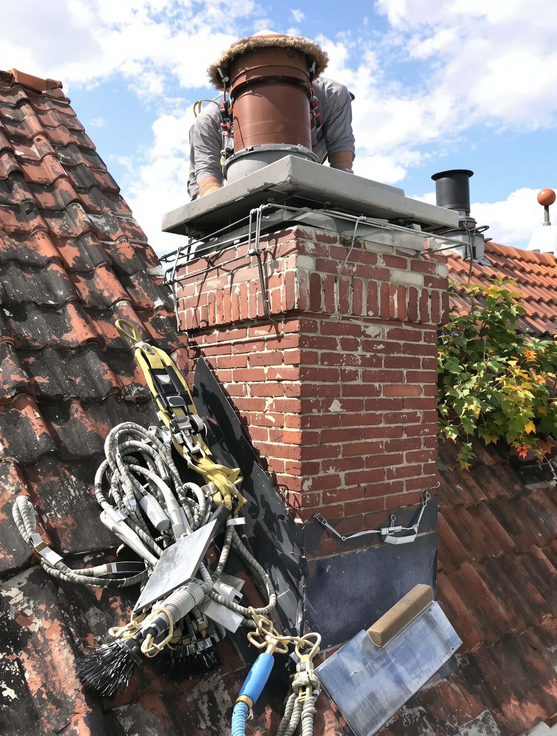 Inspection visuelle et nettoyage préalable du sommet de la cheminée avant pose d'un chapeau en béton. Outils et équipements de sécurité visibles.