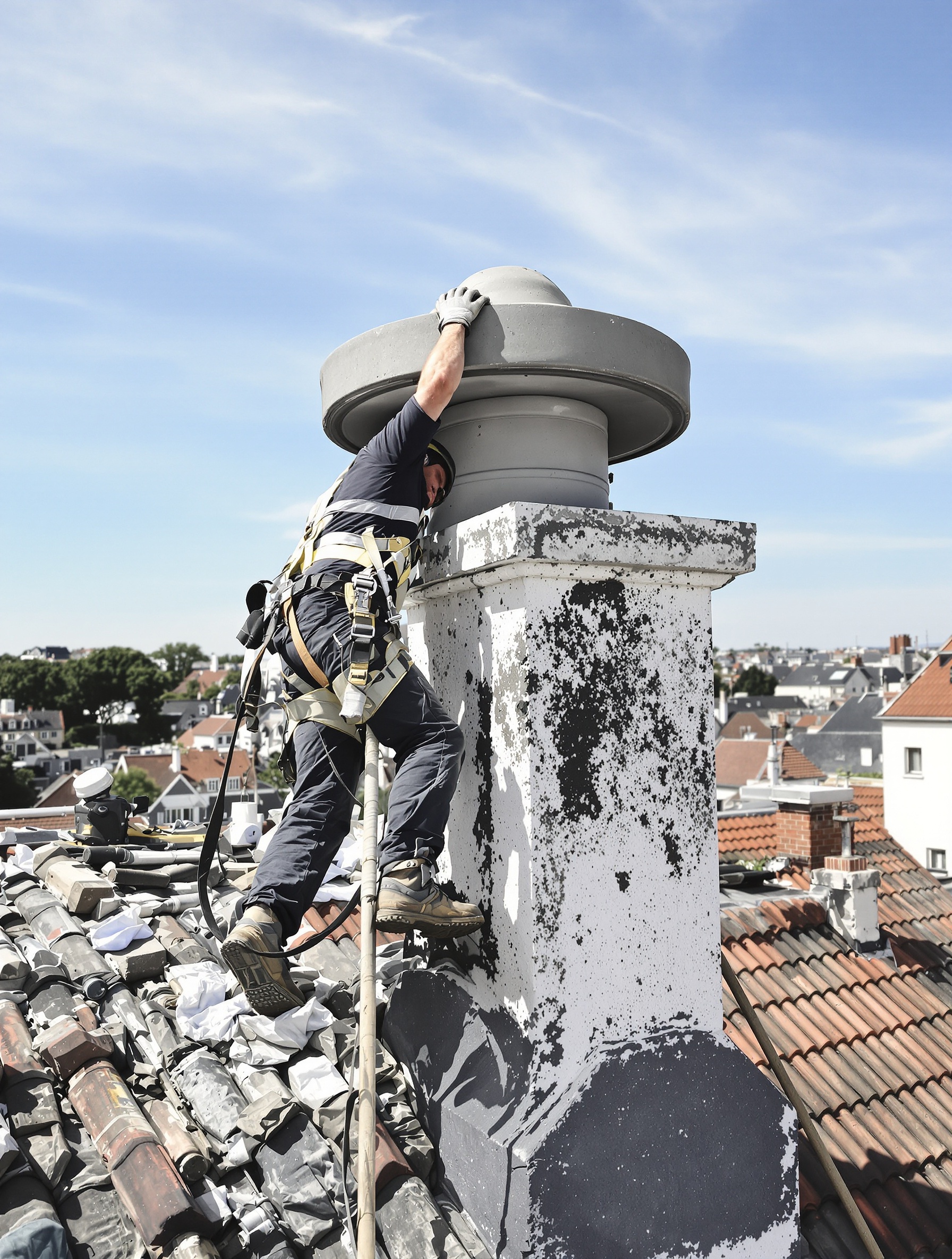 Un couvreur en pleine pose d'un chapeau de cheminée en béton, sur un toit, avec outils, harnais de sécurité et vue dégagée.