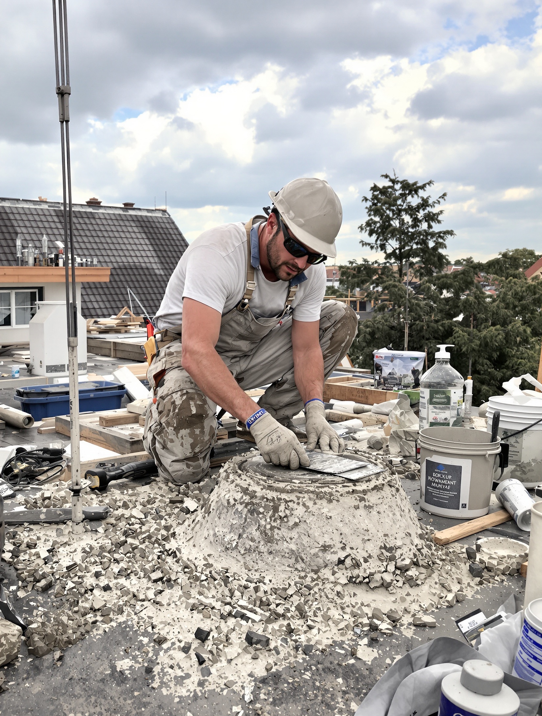 Préparation du mortier sur le toit, truelle, seau, couvreur attentif à la consistance.