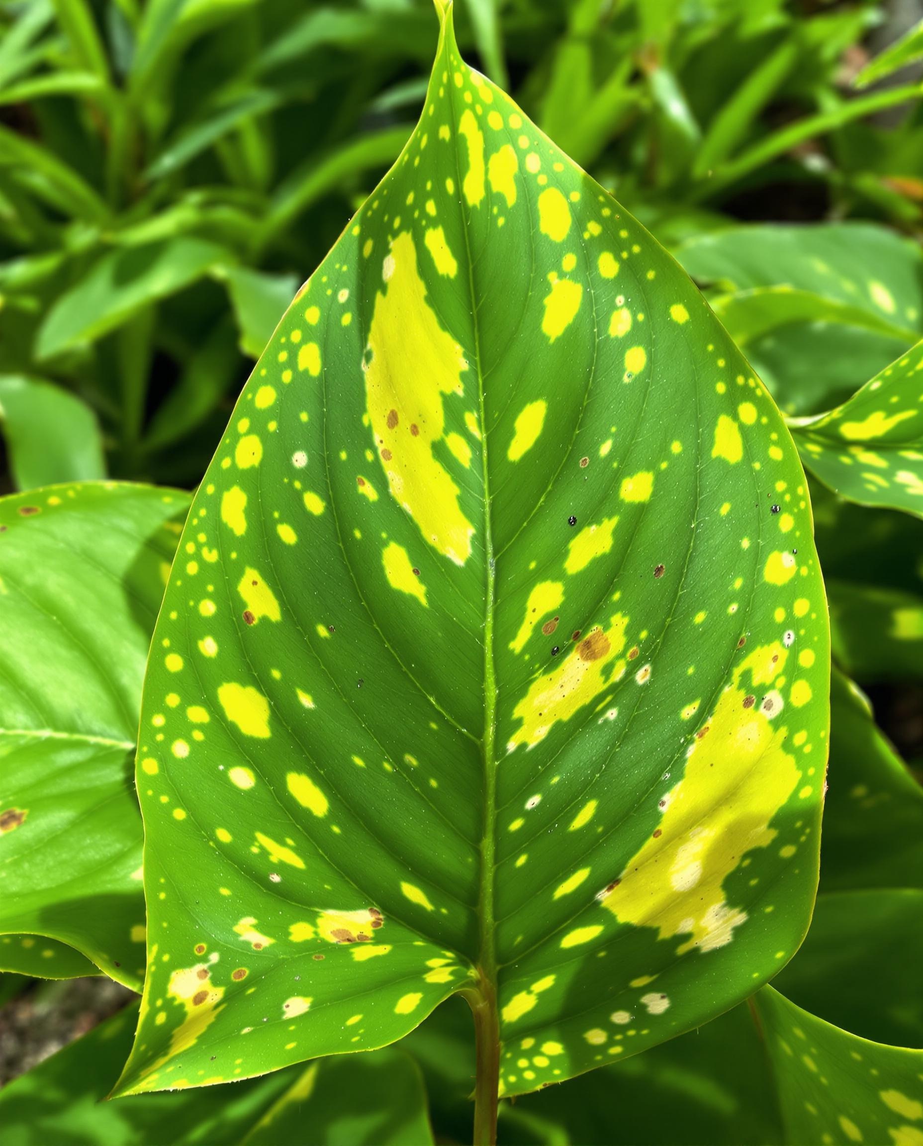 Feuilles de Crocosmia montrant des symptômes typiques de thrips et maladies fongiques