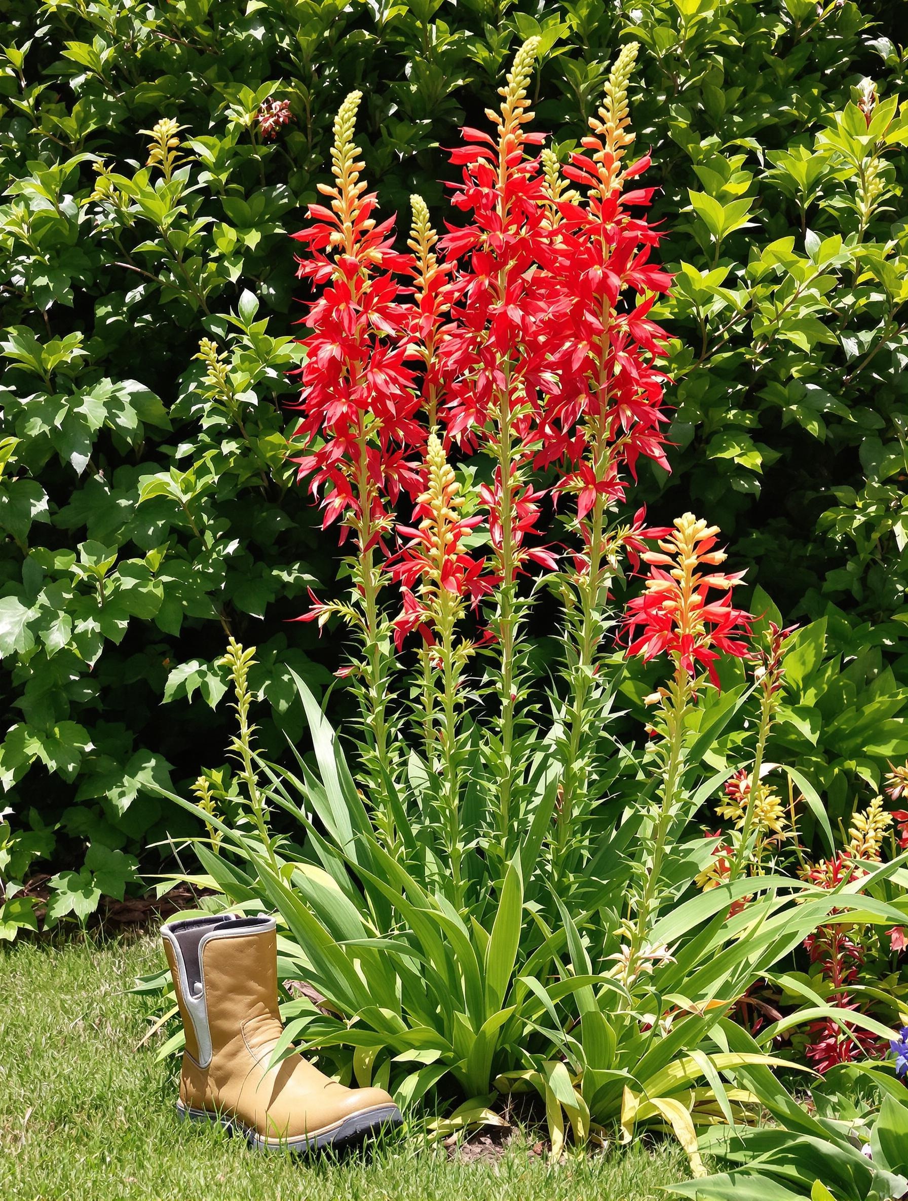Crocosmia Lucifer en fleurs avec une botte de jardinier