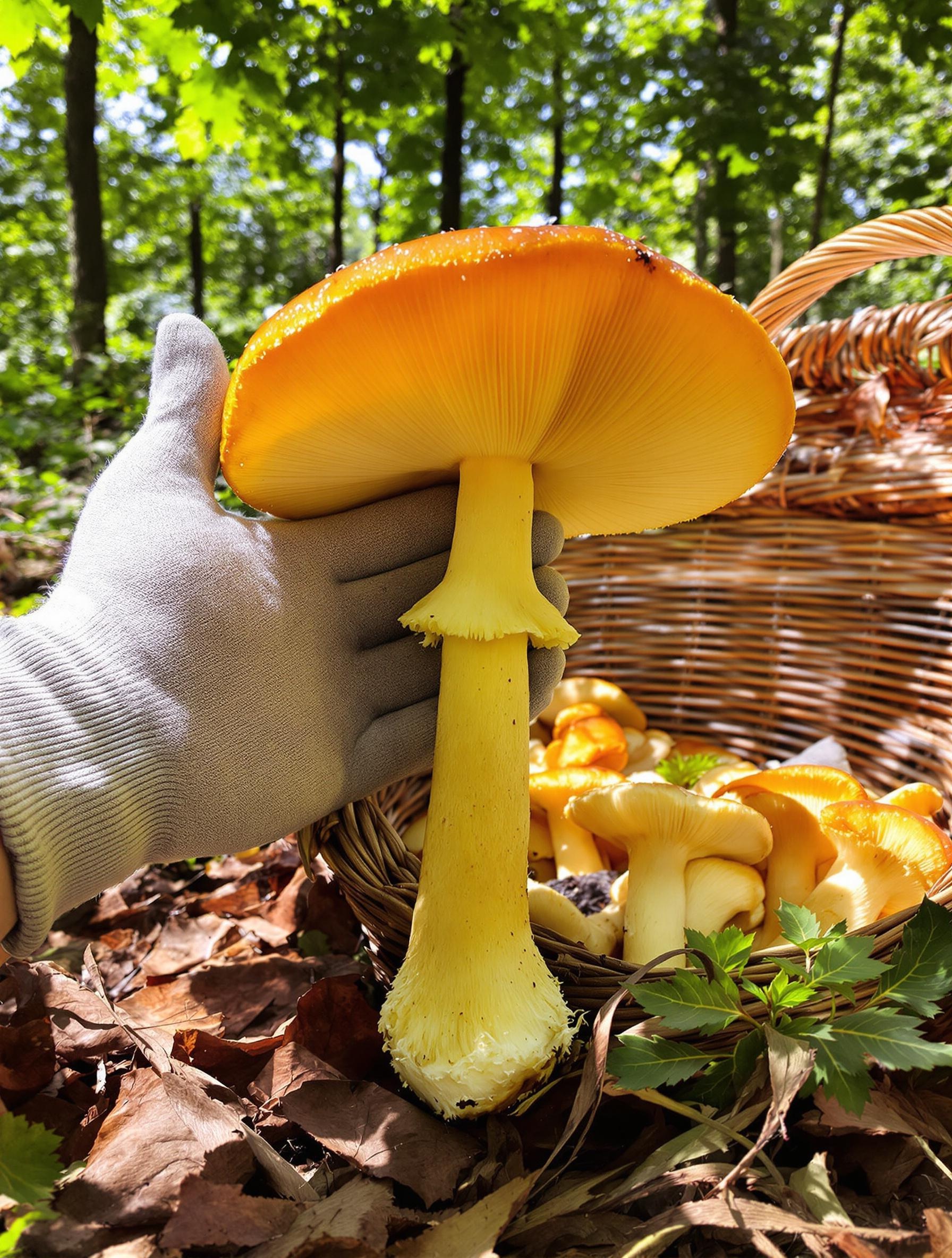 Cueillette responsable de l'Oronge Amanita caesarea en forêt, avec volve et panier