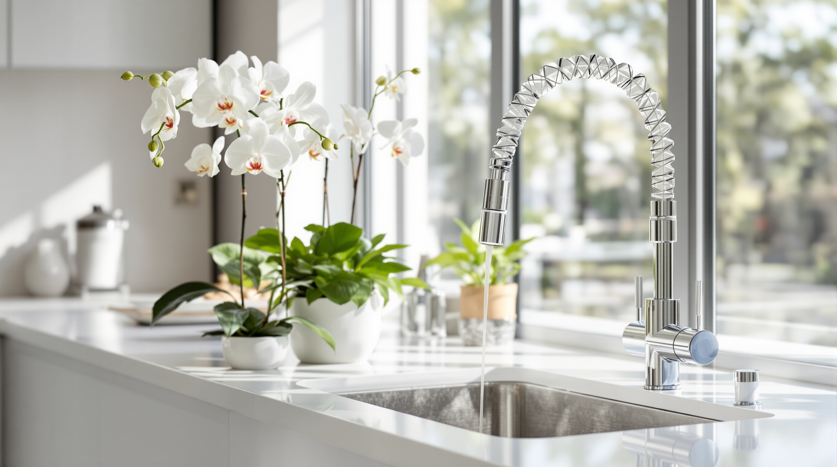Cuisine design avec orchidée et basilic près de l’évier, esthétiquement piégeuse.