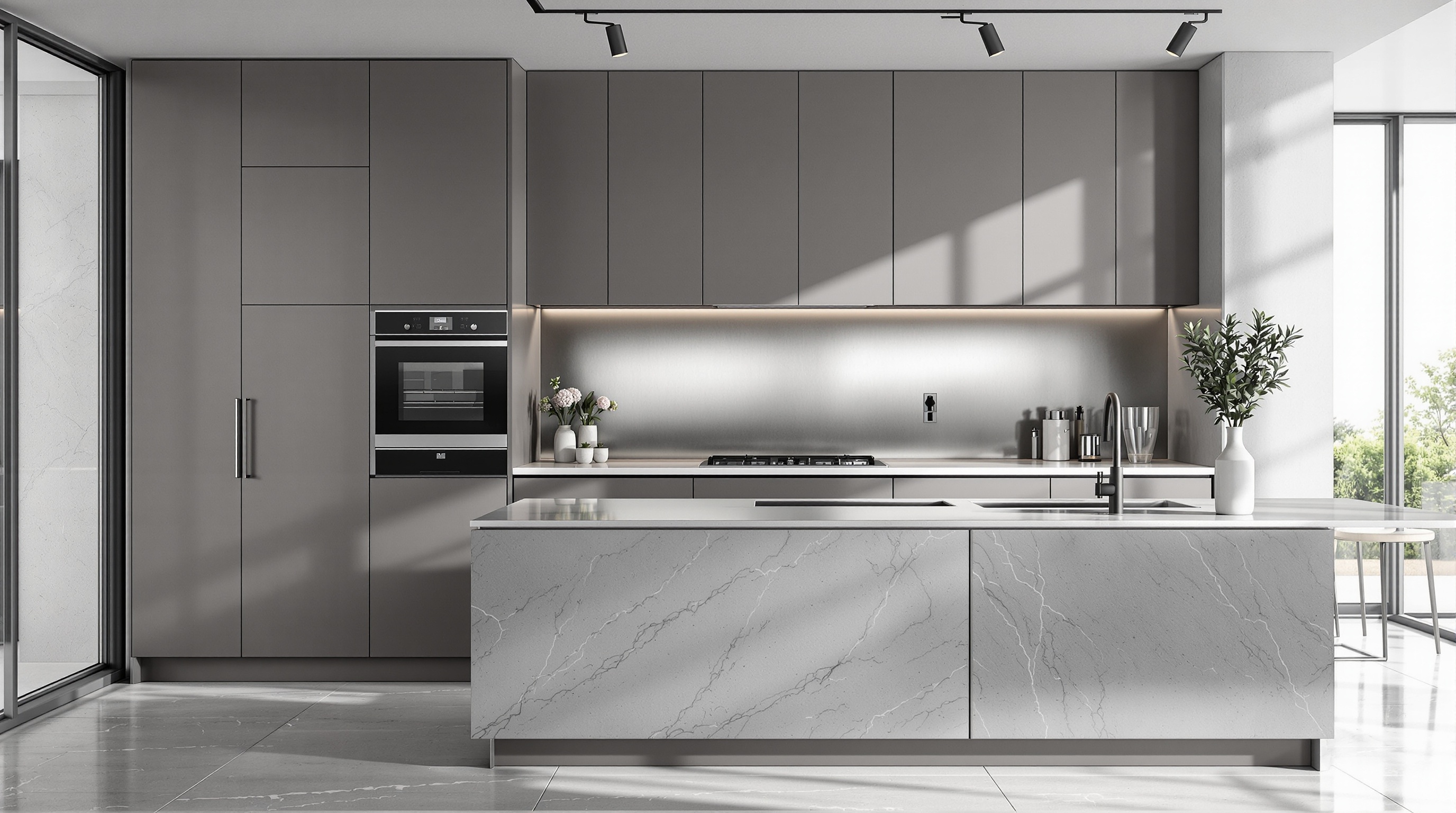 Cuisine moderne en gris, plan de travail en béton ciré, crédence métal, équipements en quartz et marbre. Style ultra épuré et contemporain.