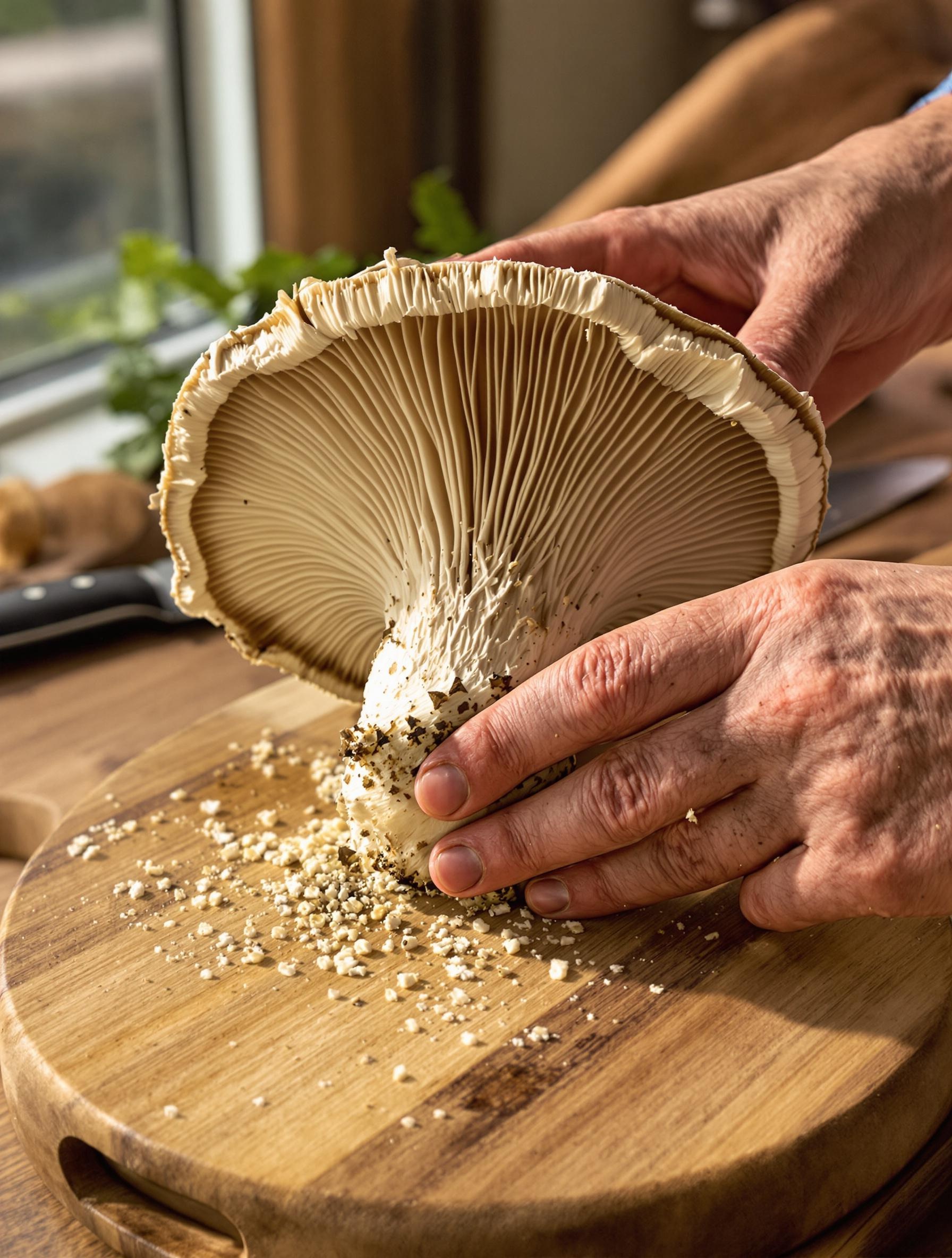 Préparation du Polypore en ombelle sur une planche de cuisine