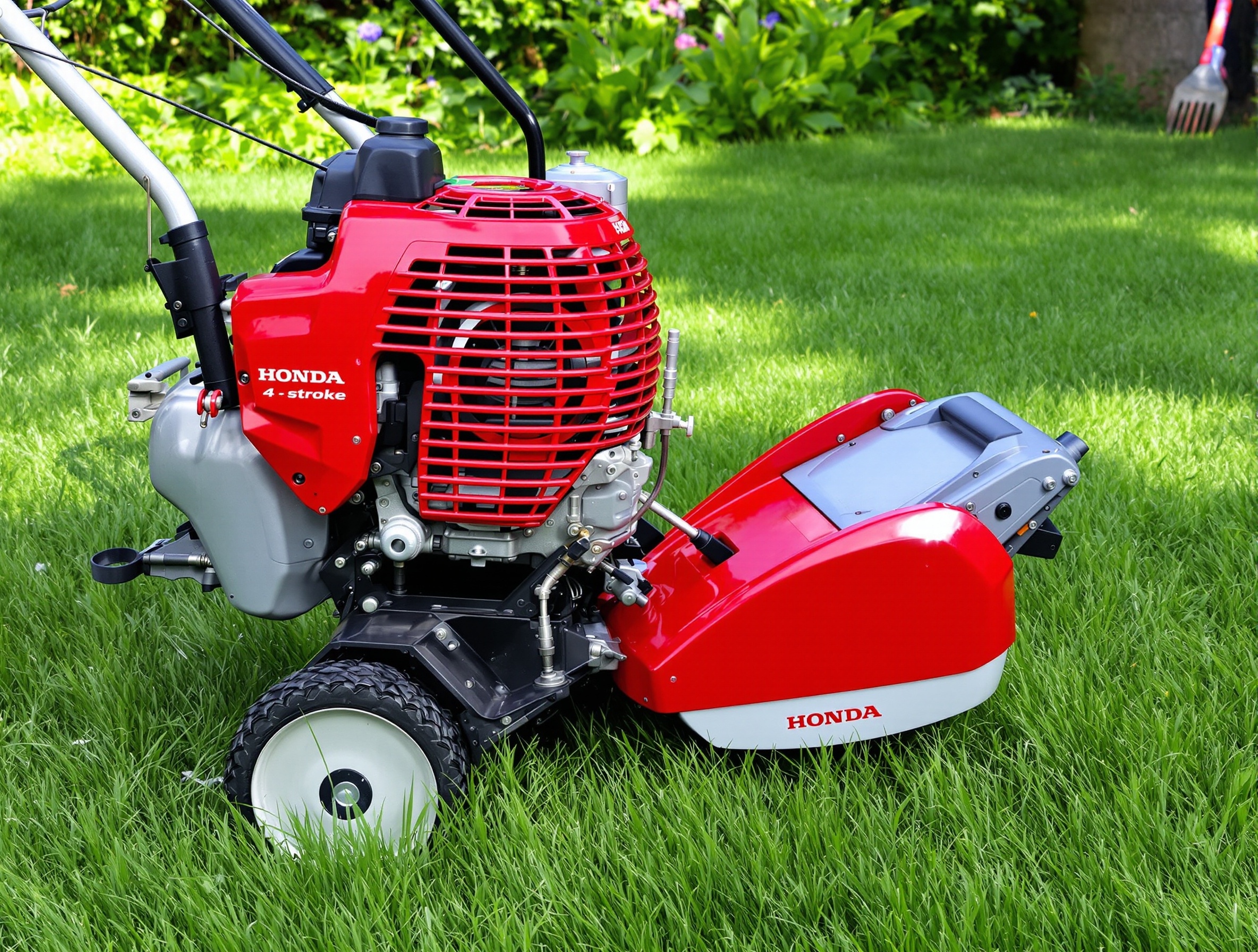 Débroussailleuse thermique Honda 4 temps posée dans un jardin