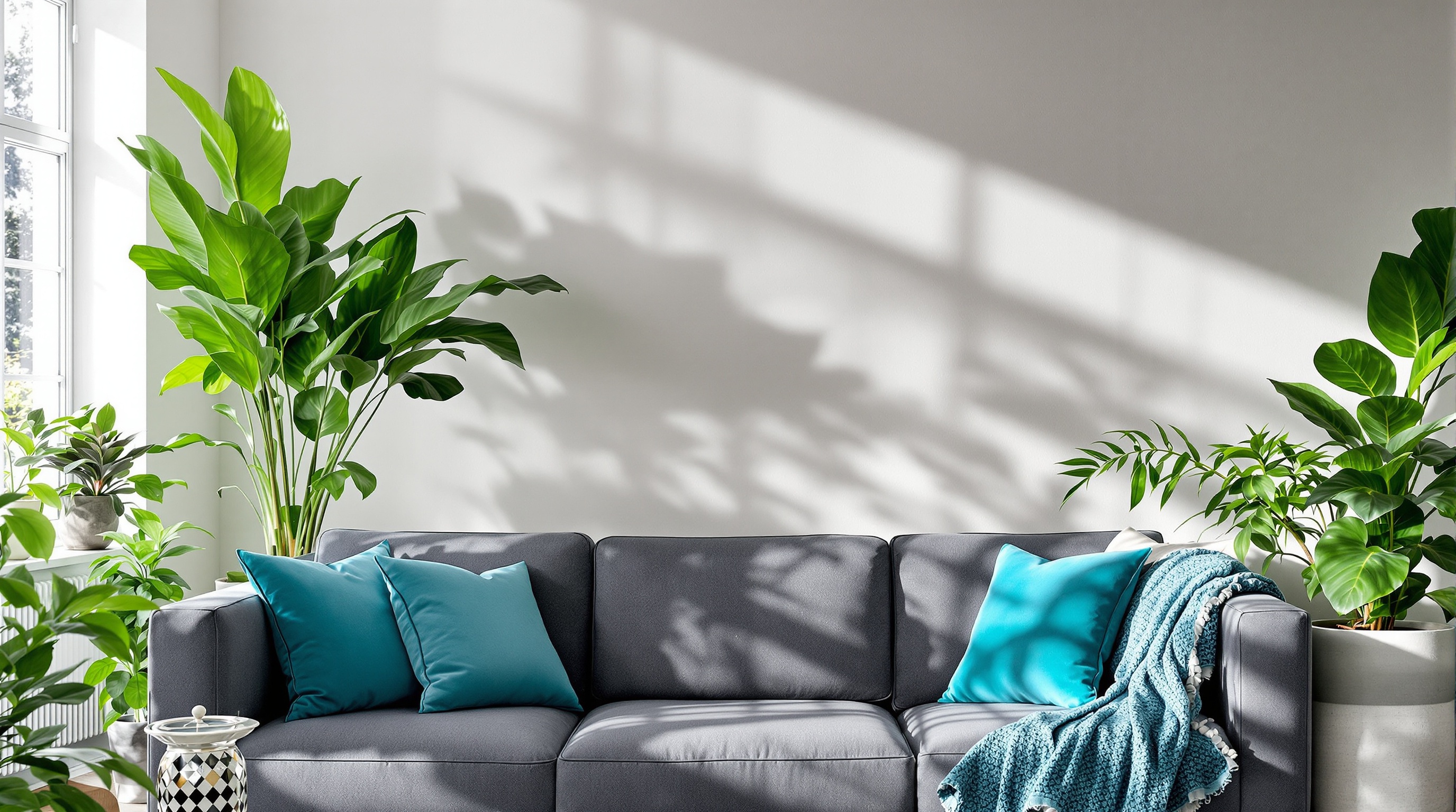 Exemple d'une décoration intérieure moderne associant un canapé gris anthracite avec des coussins bleu sarcelle et des touches de plantes vertes.