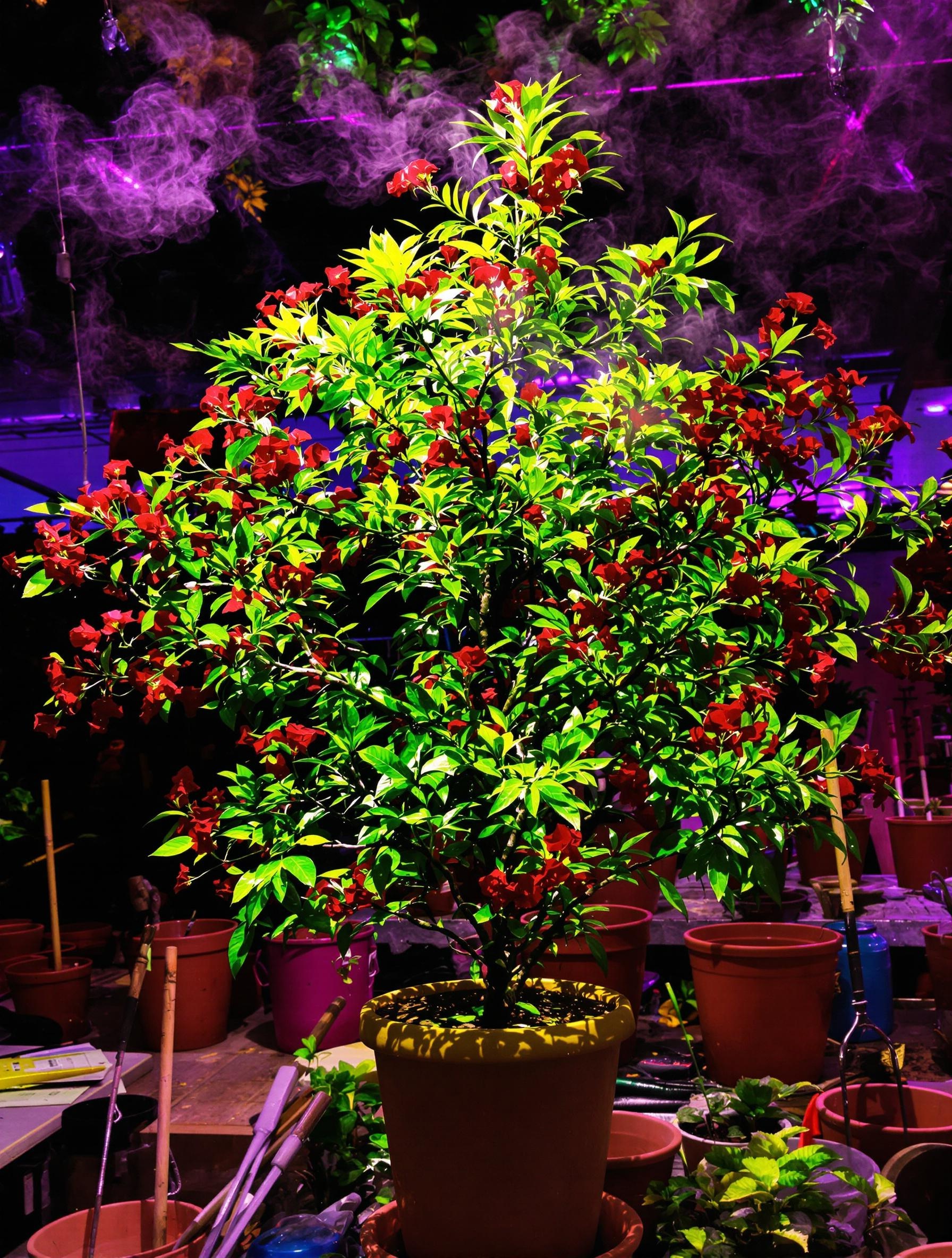 Delonix regia sous lampe LED dans une serre urbaine à Tours