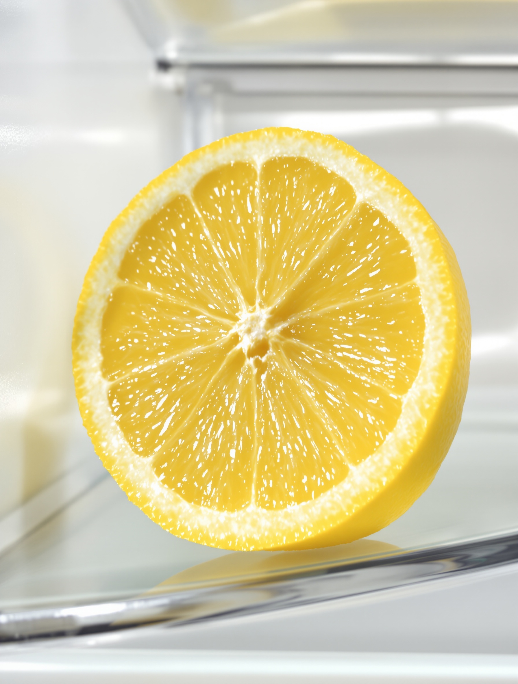 Demi-citron fraîchement coupé posé sur une étagère de réfrigérateur