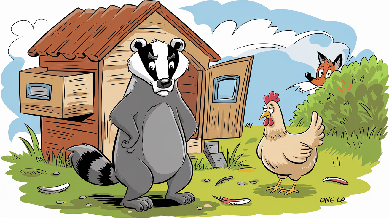 Blaireau devant un poulailler intact avec renard en embuscade