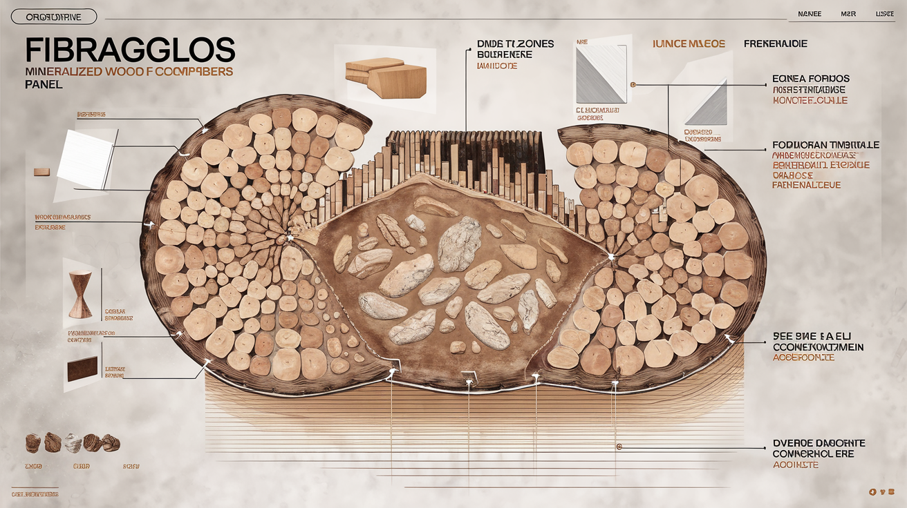 Coupe détaillée du panneau Fibragglos montrant fibres minéralisées et liants hydrauliques.