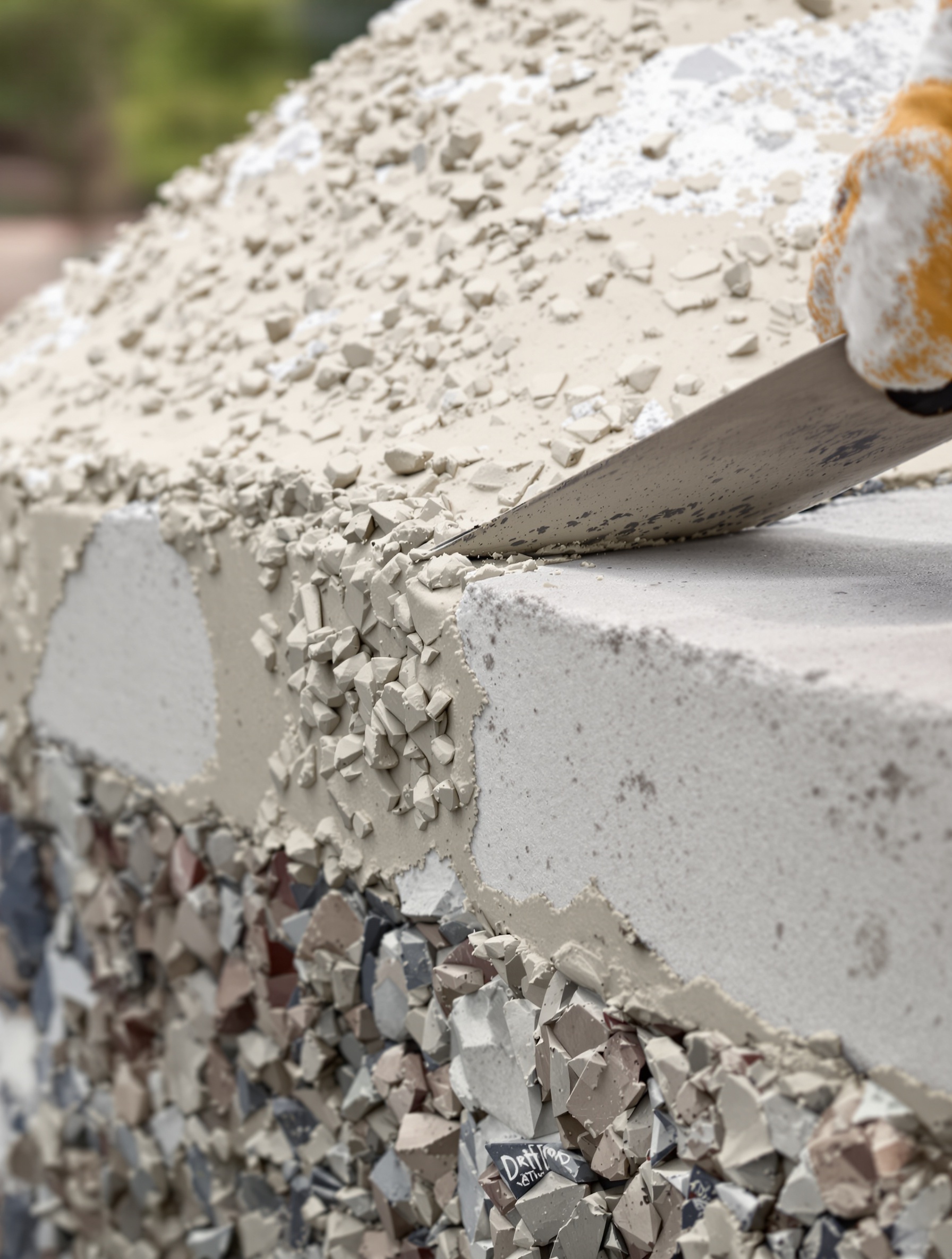 Scellement du chapeau de cheminée en béton, gros plan sur le joint mortier propre et étanche.