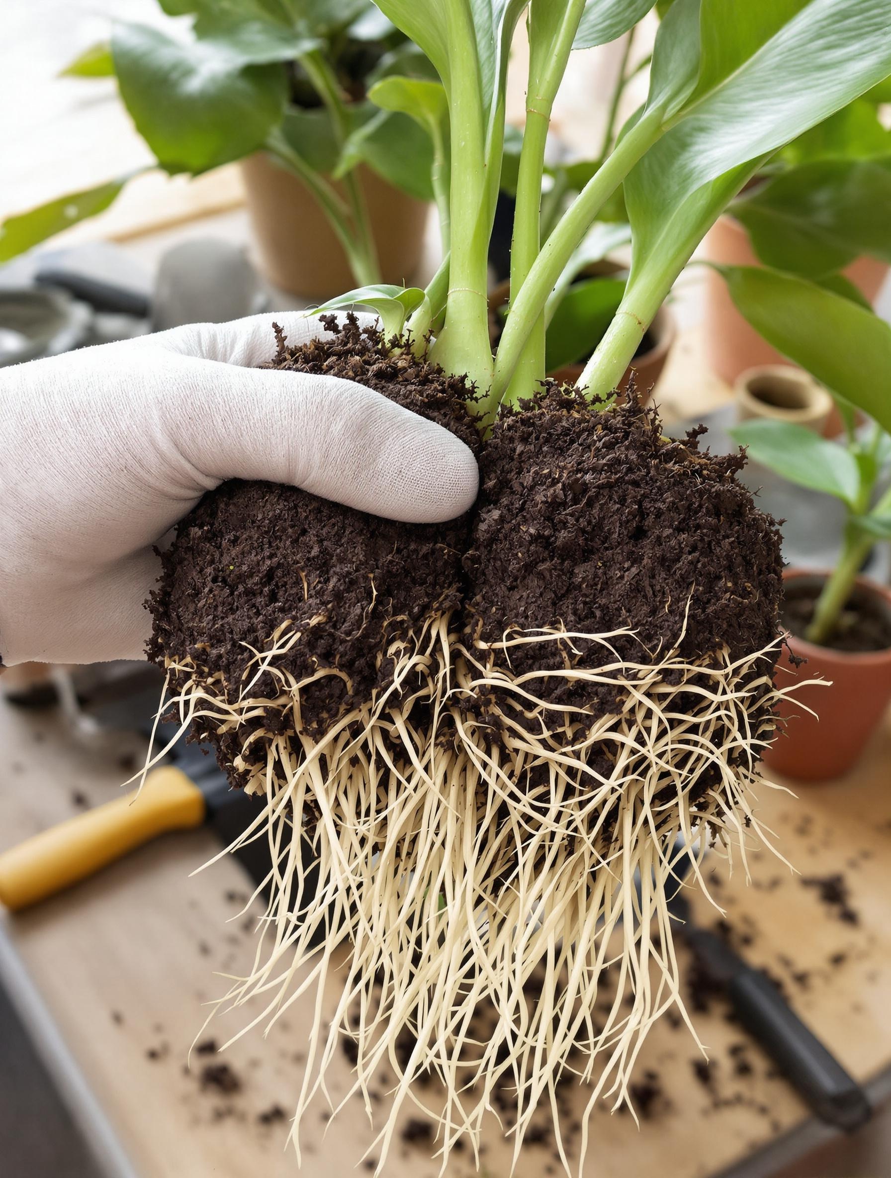 Division d’une touffe de Spathiphyllum avec une main gantée en pleine action DIY