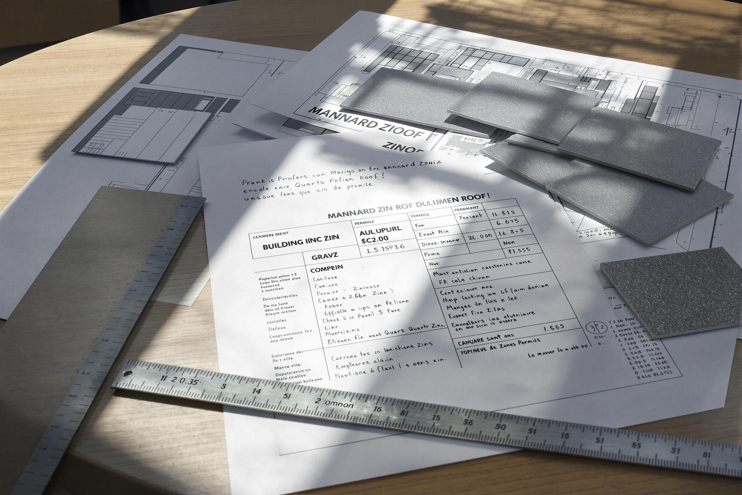 Dossier d'autorisation de travaux pour toiture en zinc avec plans et échantillons