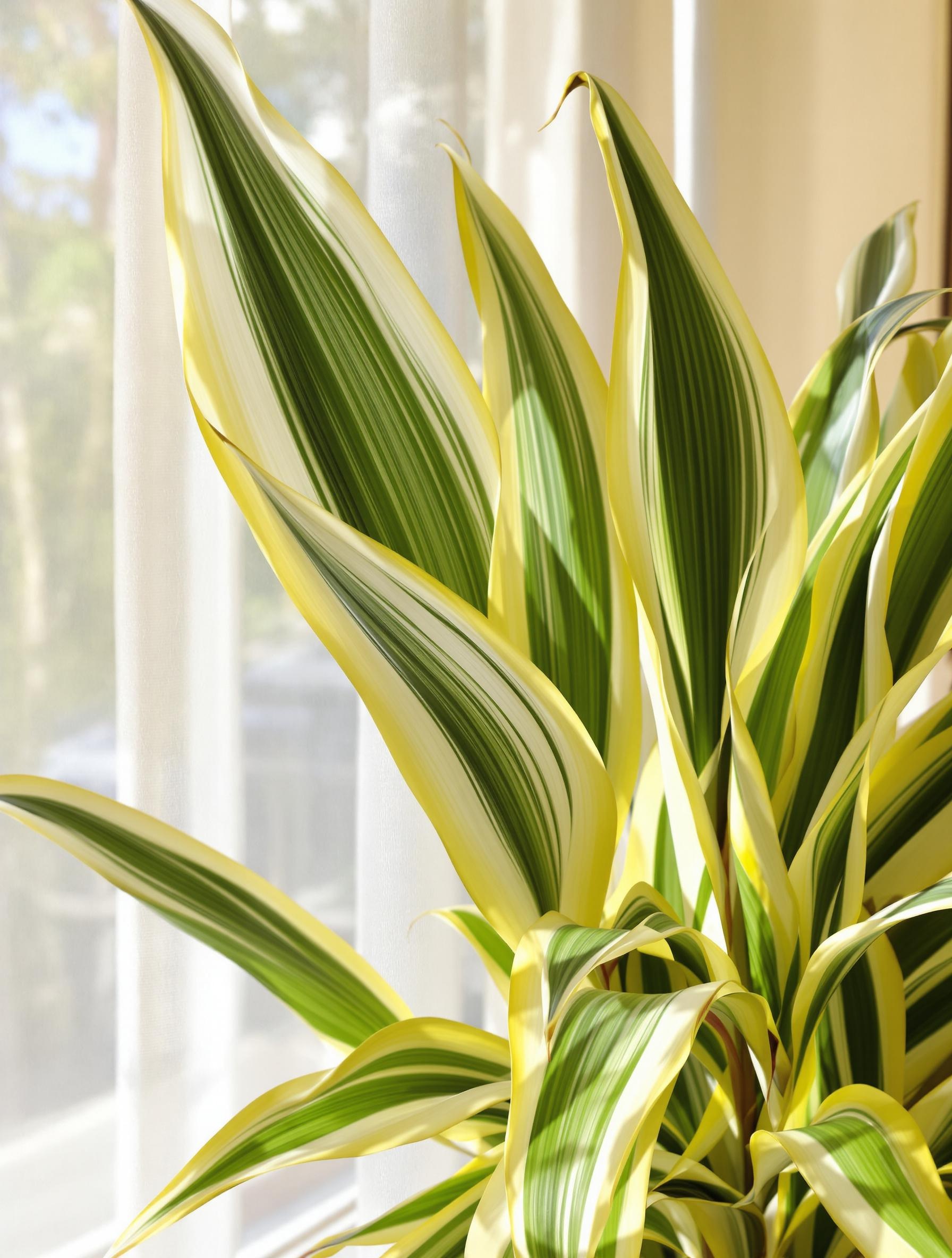 Dracaena marginata placé près d’une fenêtre voilée, avec des feuilles panachées bien nettes