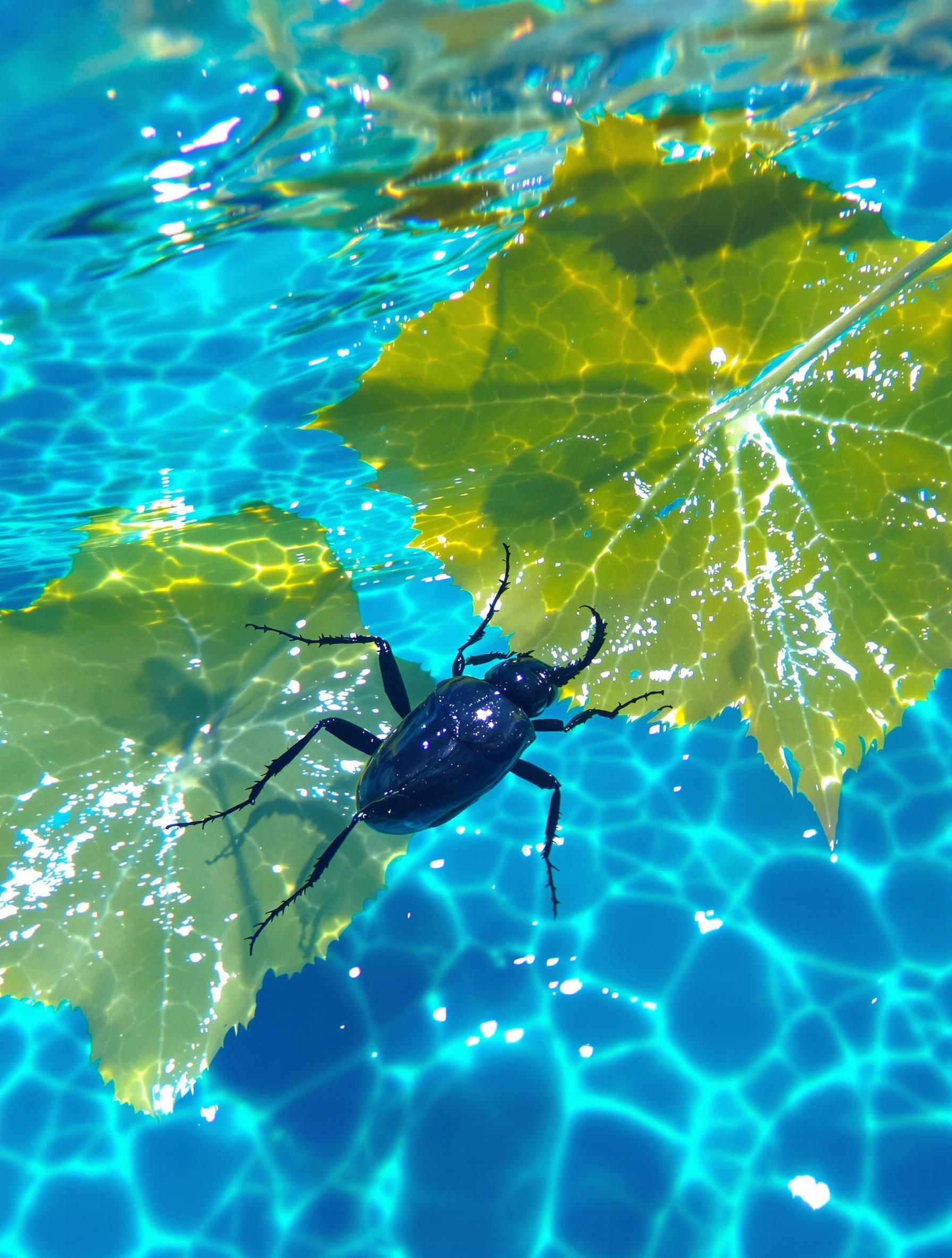 Un dytique adulte nageant à la surface d'une piscine.