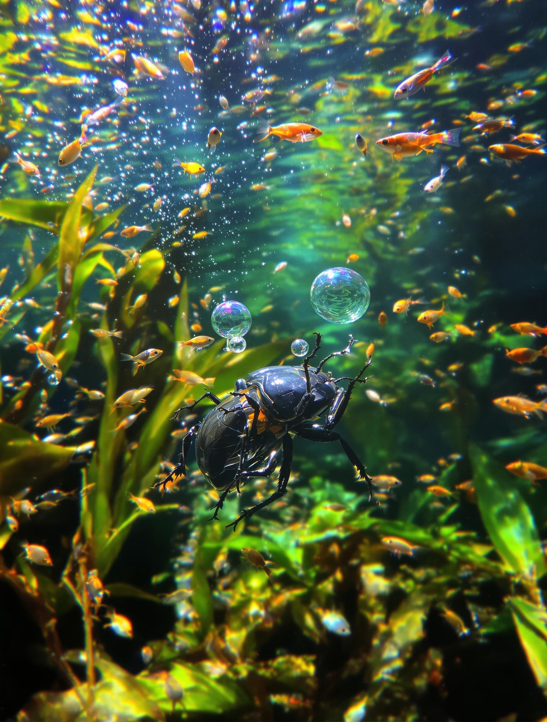 Un dytique adulte en chasse sous l'eau, entouré de têtards et de larves.