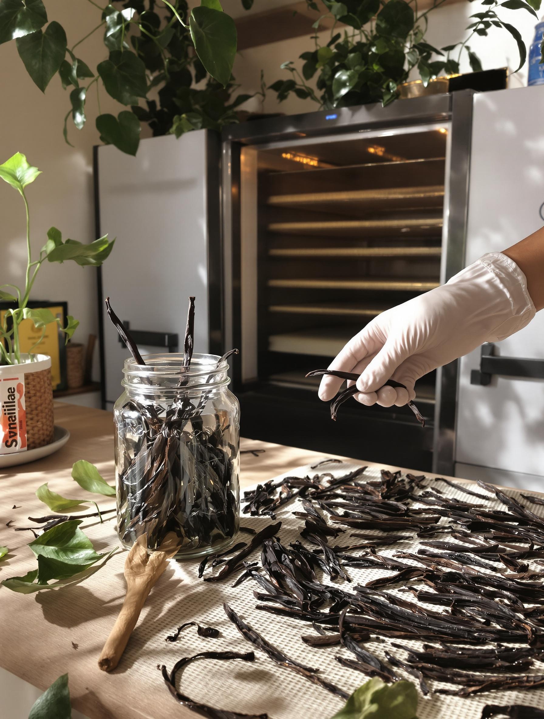 Artisan manipulant une gousse lors du séchage et affinage maison.