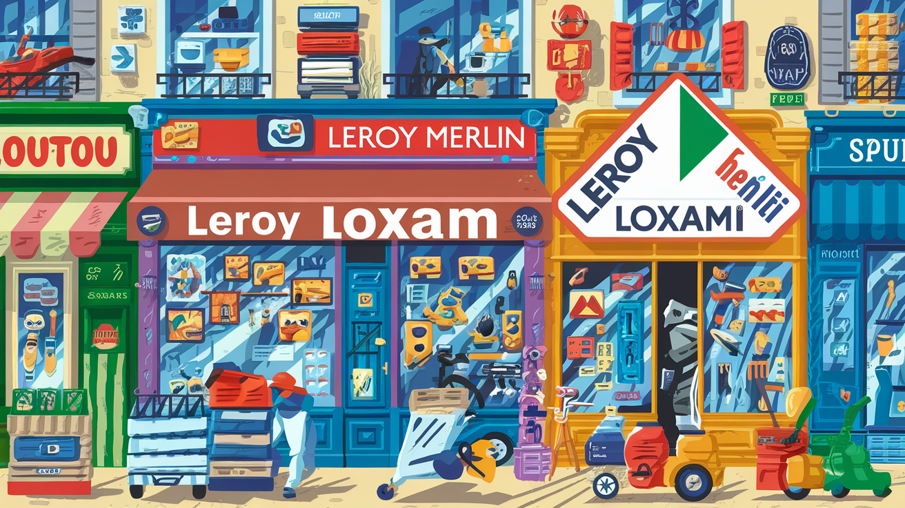Illustration des enseignes de location d’échafaudages : Kiloutou, Loxam, Leroy Merlin