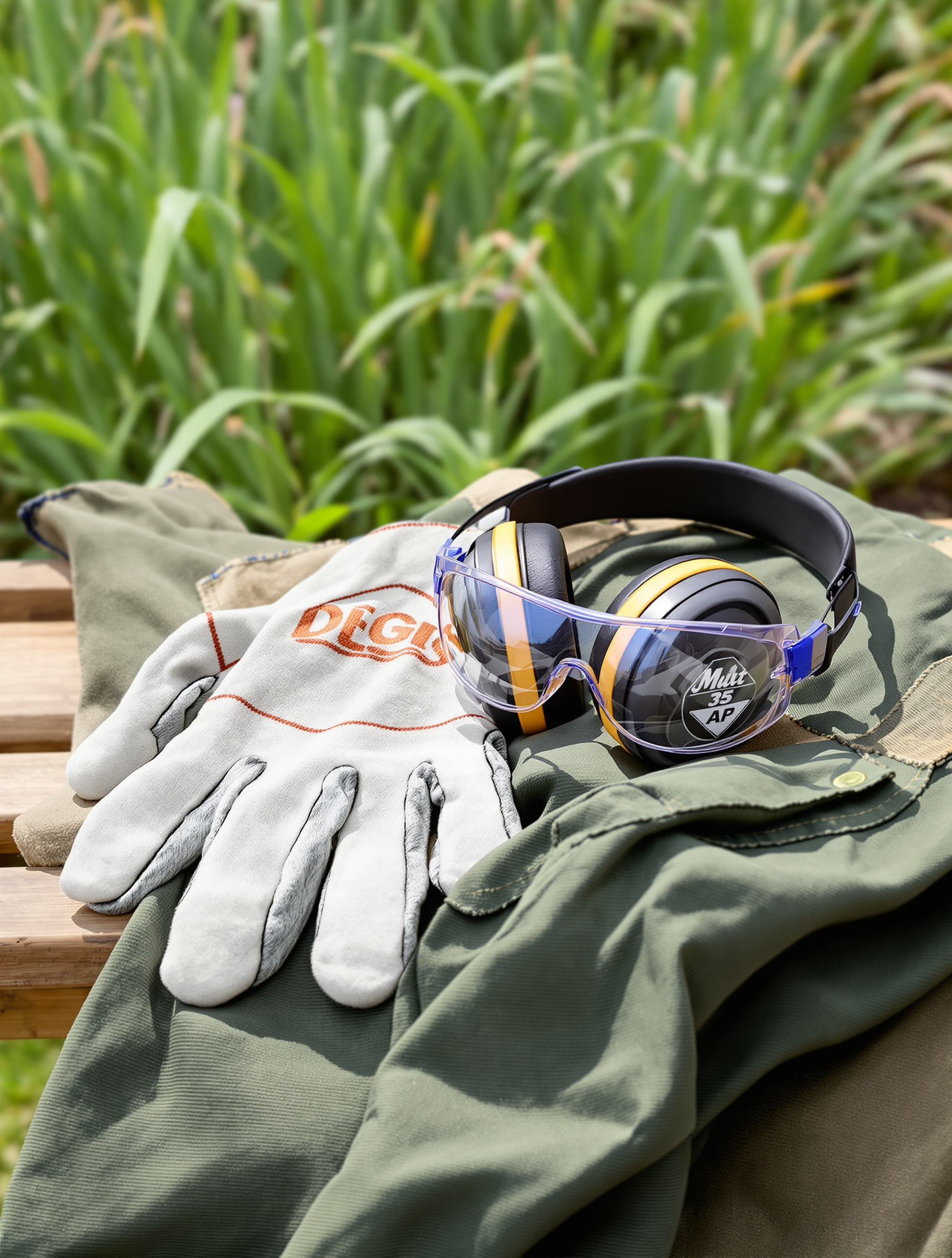 Équipement de protection individuelle indispensable pour le jardinage : gants de travail robustes, lunettes de protection et casque anti-bruit, posés sur un pantalon de travail, rappelant l'importance de la sécurité avant de s'attaquer à l'herbe haute.