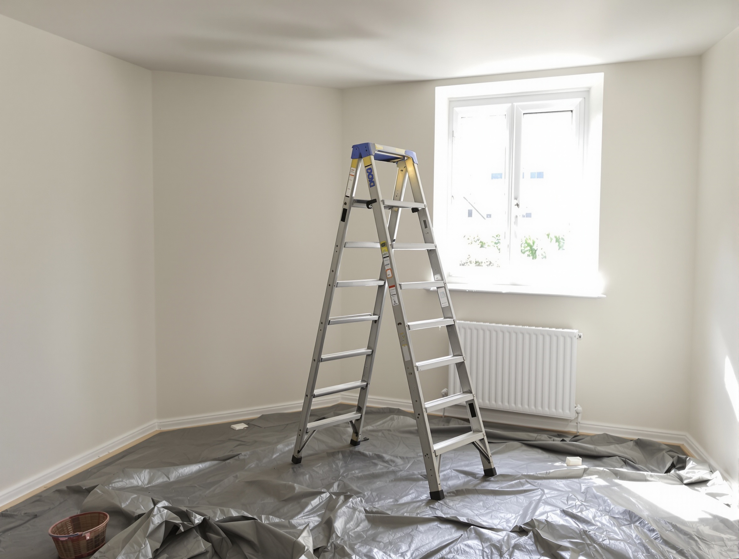 Escabeau stable et bâché sous un plafond prêt à nettoyer.