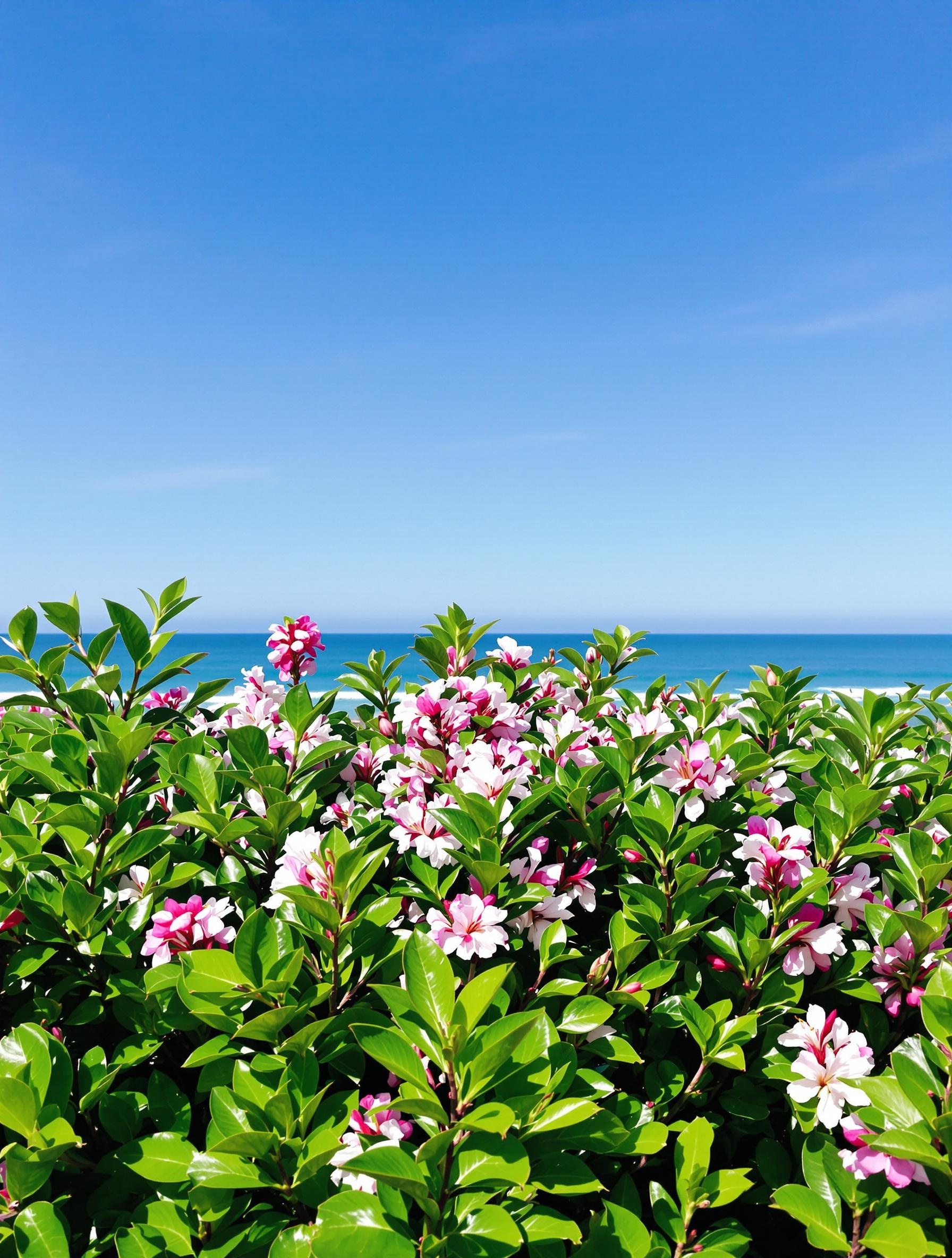 Escallonia Apple Blossom en haie côtière en Bretagne sous ciel bleu