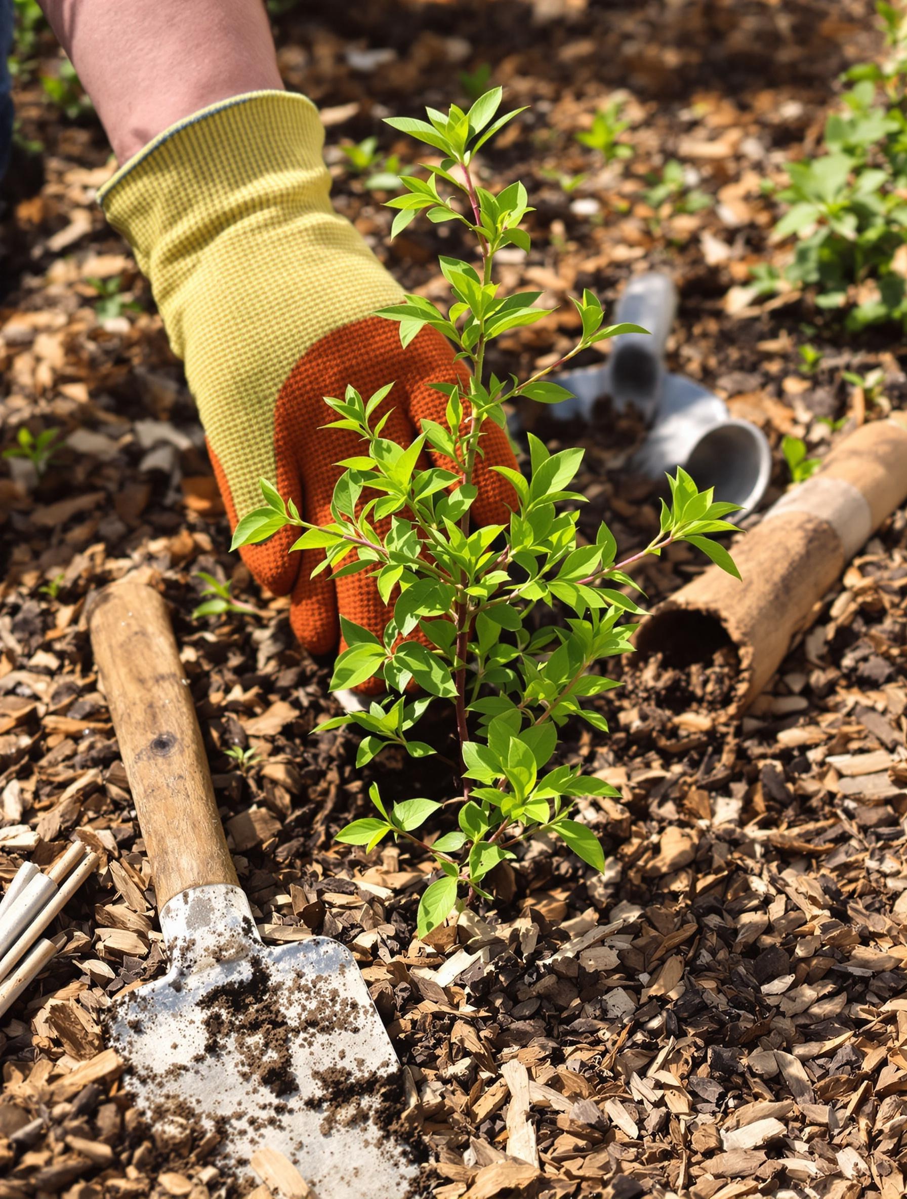Jeune Escallonia planté avec main gantée et outils
