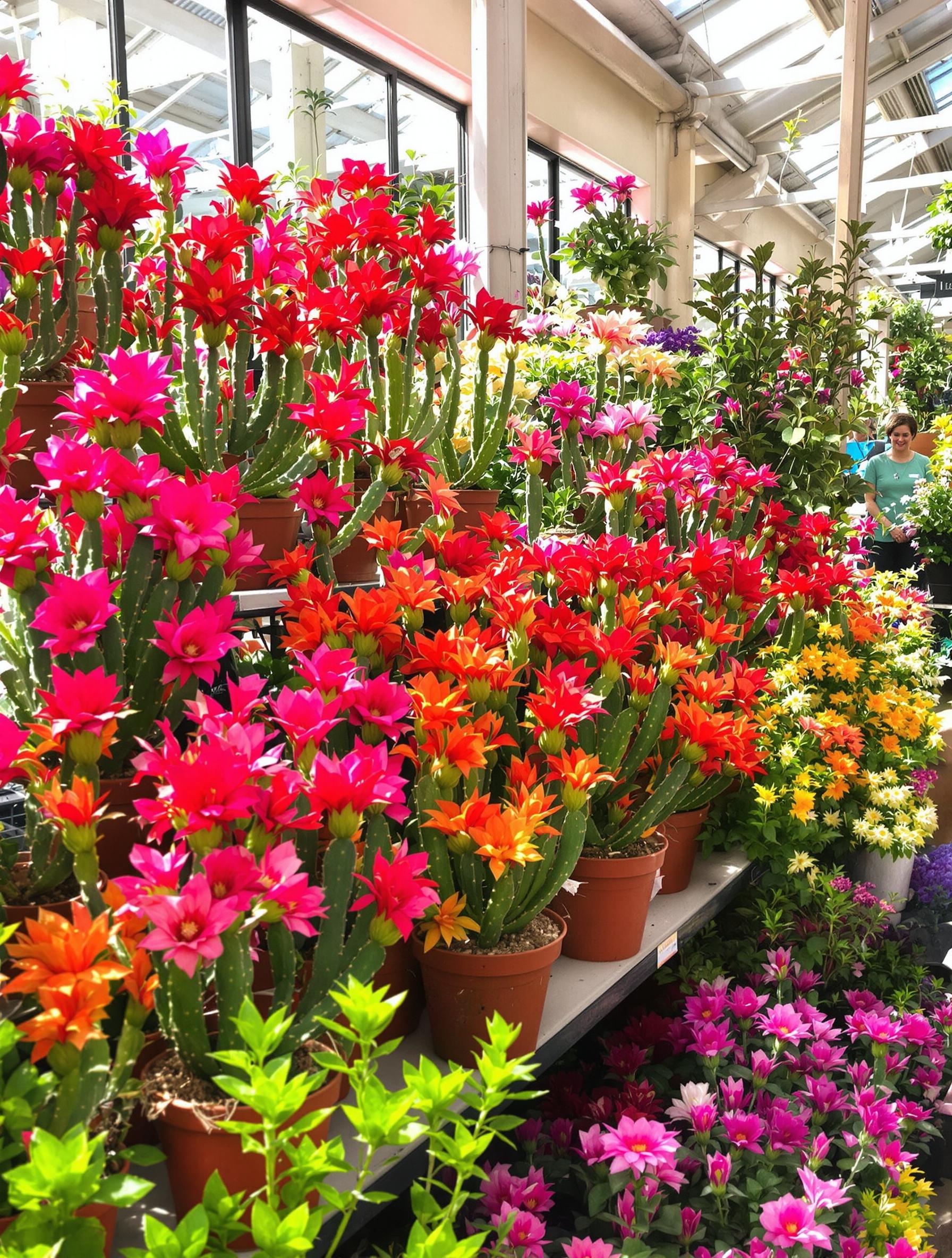Cactus de Pâques en pleine santé exposés dans une jardinerie printanière