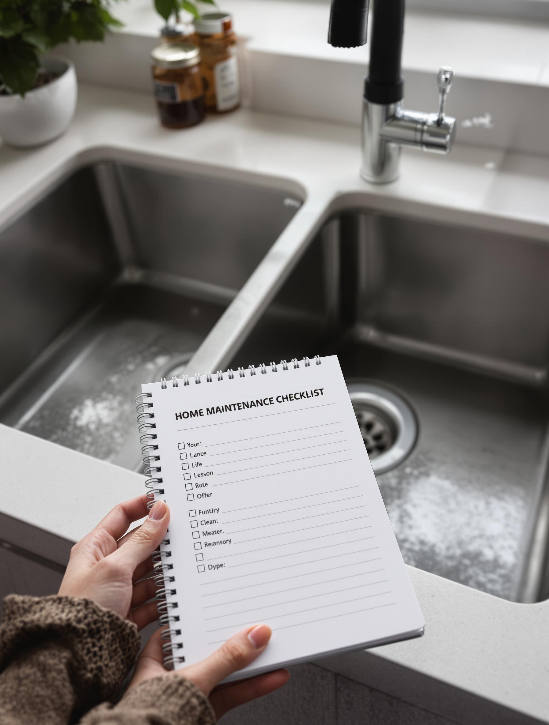 Évier moderne silencieux avec carnet d’entretien maison à côté