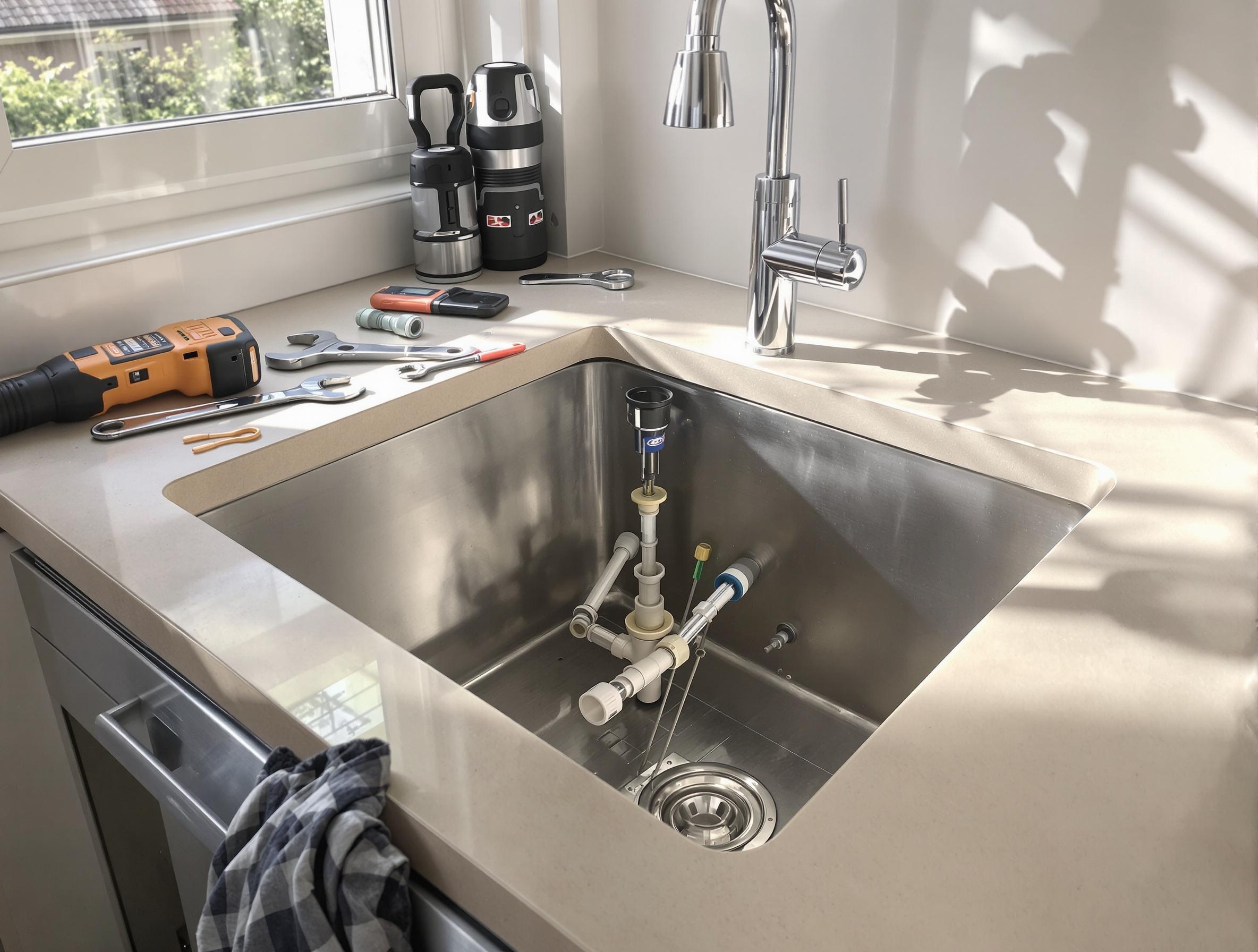 Évier démonté : outillage et siphon ouvert, étape inspection