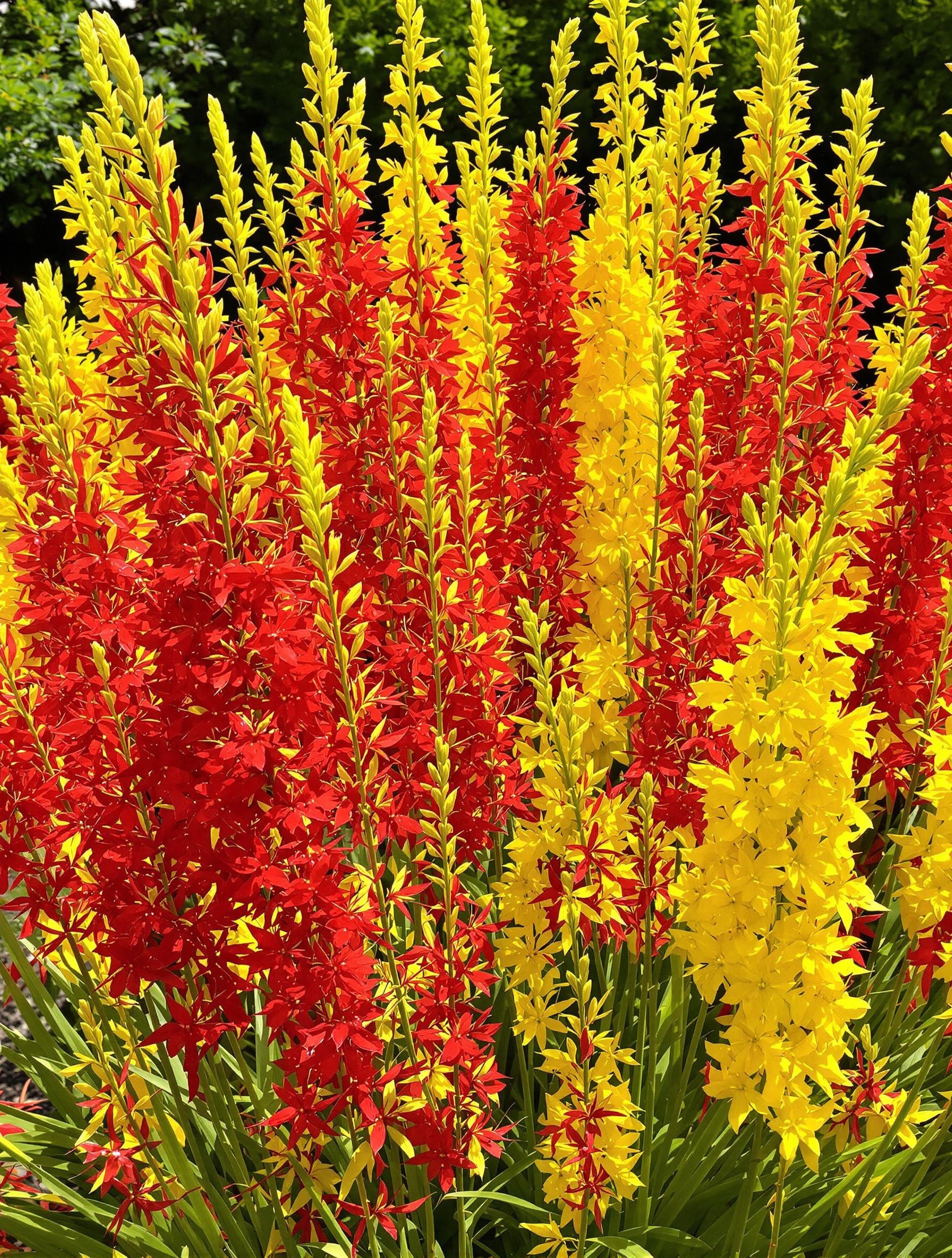 Explosion chromatique de Crocosmia rouges et jaunes (Iridacées) sous soleil estival