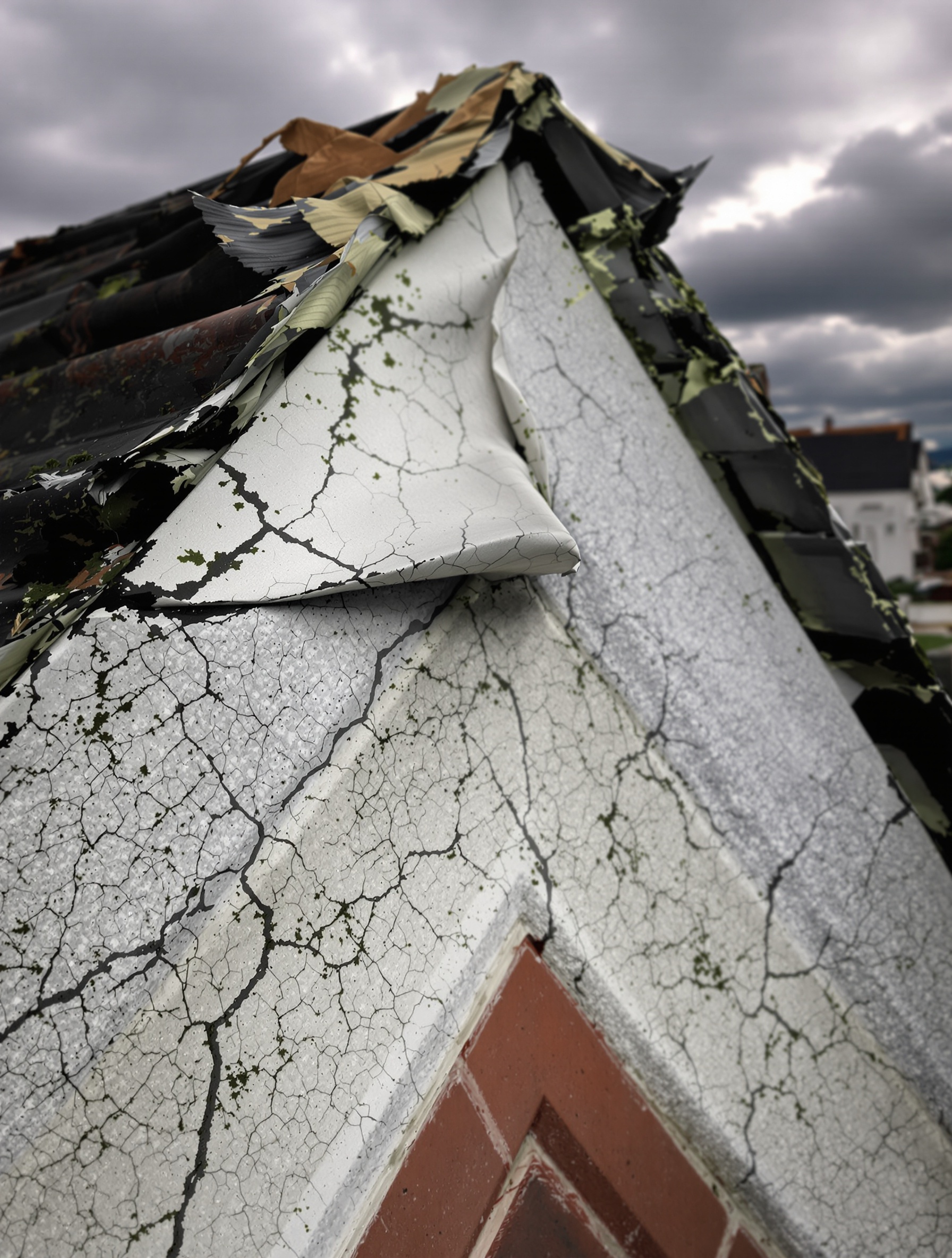 Gros plan sur un faîtage de toiture 1 pan présentant des signes d'usure tels que des fissures dans le mortier ou un closoir légèrement décollé.